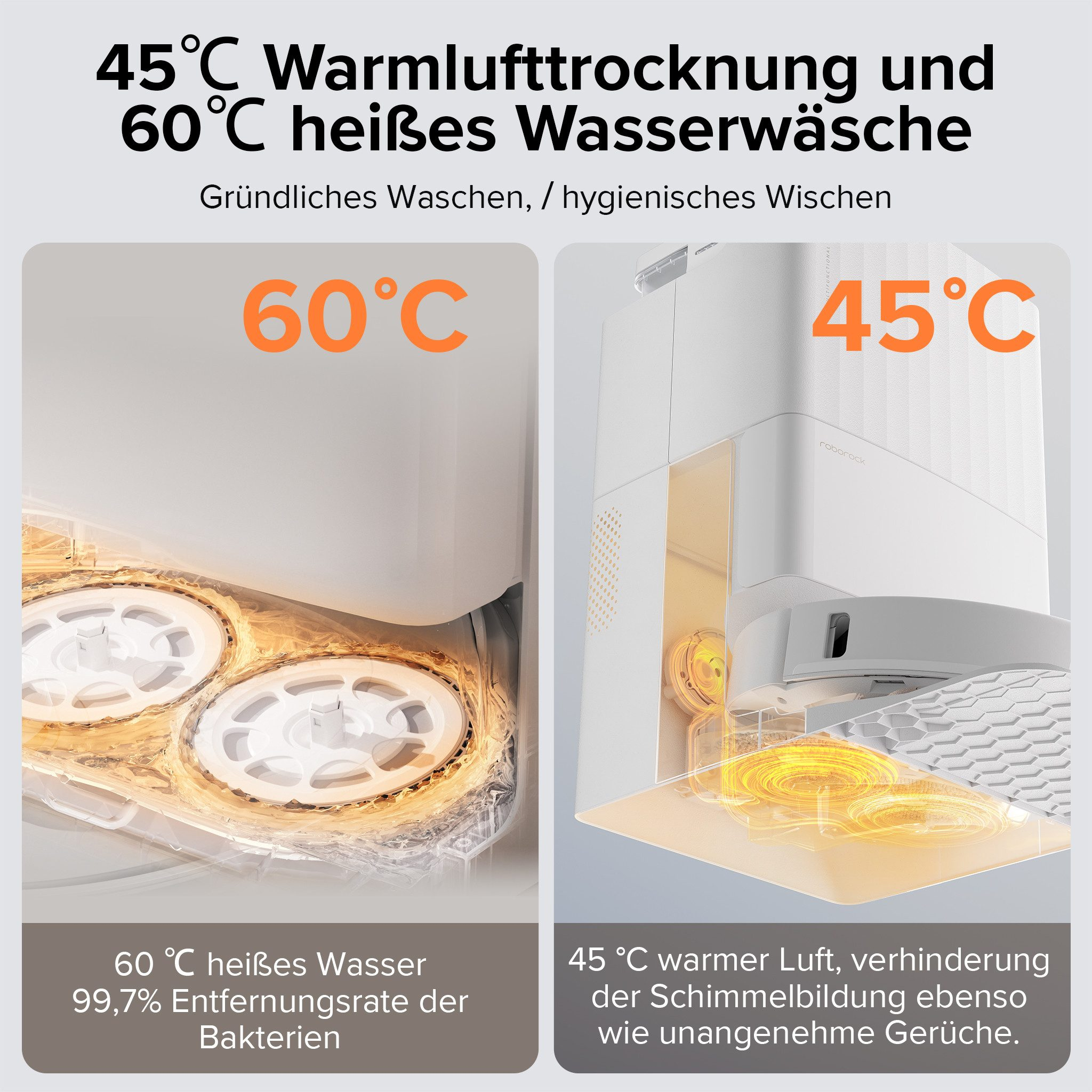 Diagramme montrant l'eau chaude à 60°C et les fonctions de nettoyage à l'air chaud à 45°C, avec du texte en allemand détaillant les avantages.
