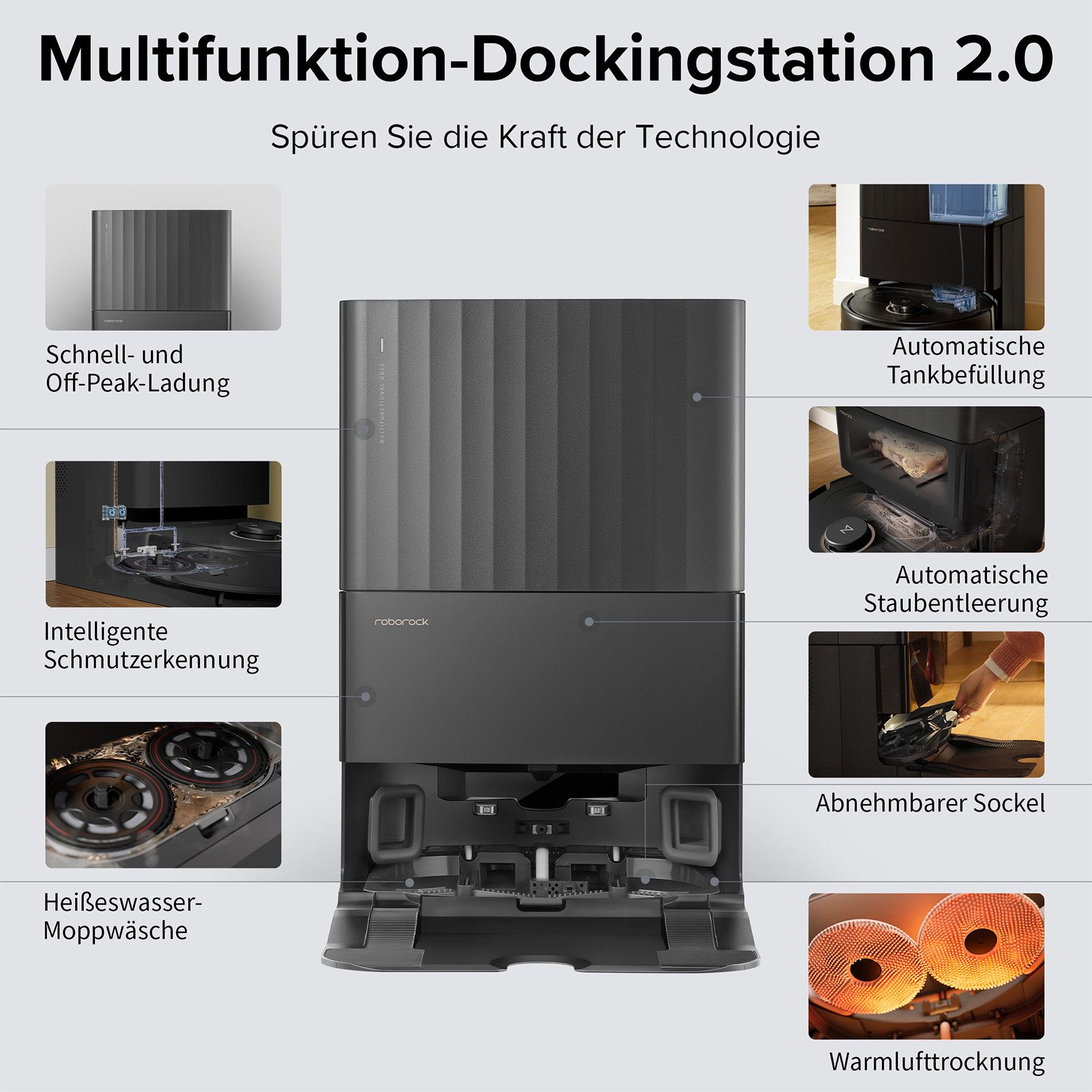 Station d'accueil multifonction 2.0 avec remplissage automatique du réservoir, vidange de la poussière et séchage à l'air chaud.