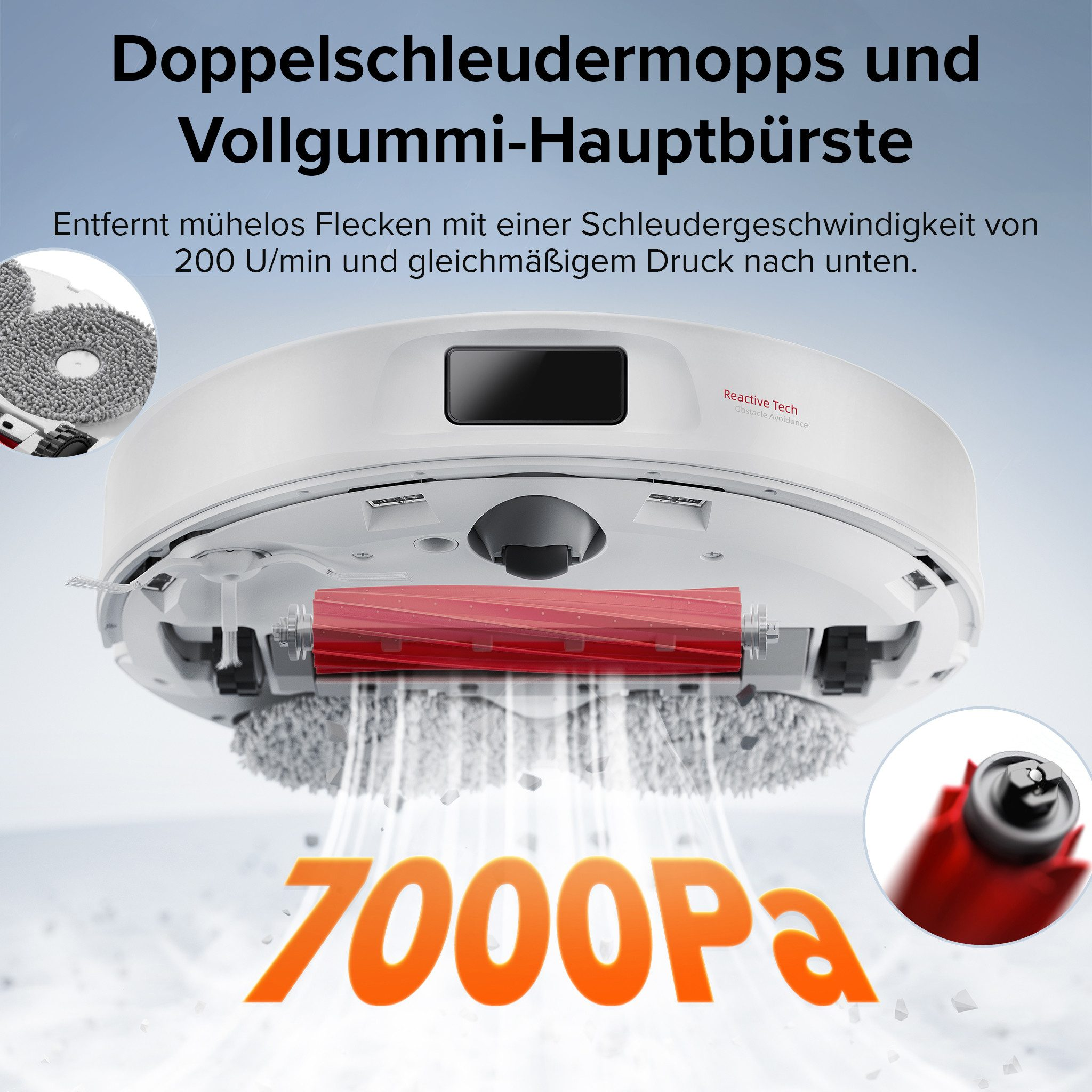 Un aspirateur robot blanc avec une brosse rouge, annonçant une puissance d'aspiration de 7000Pa.