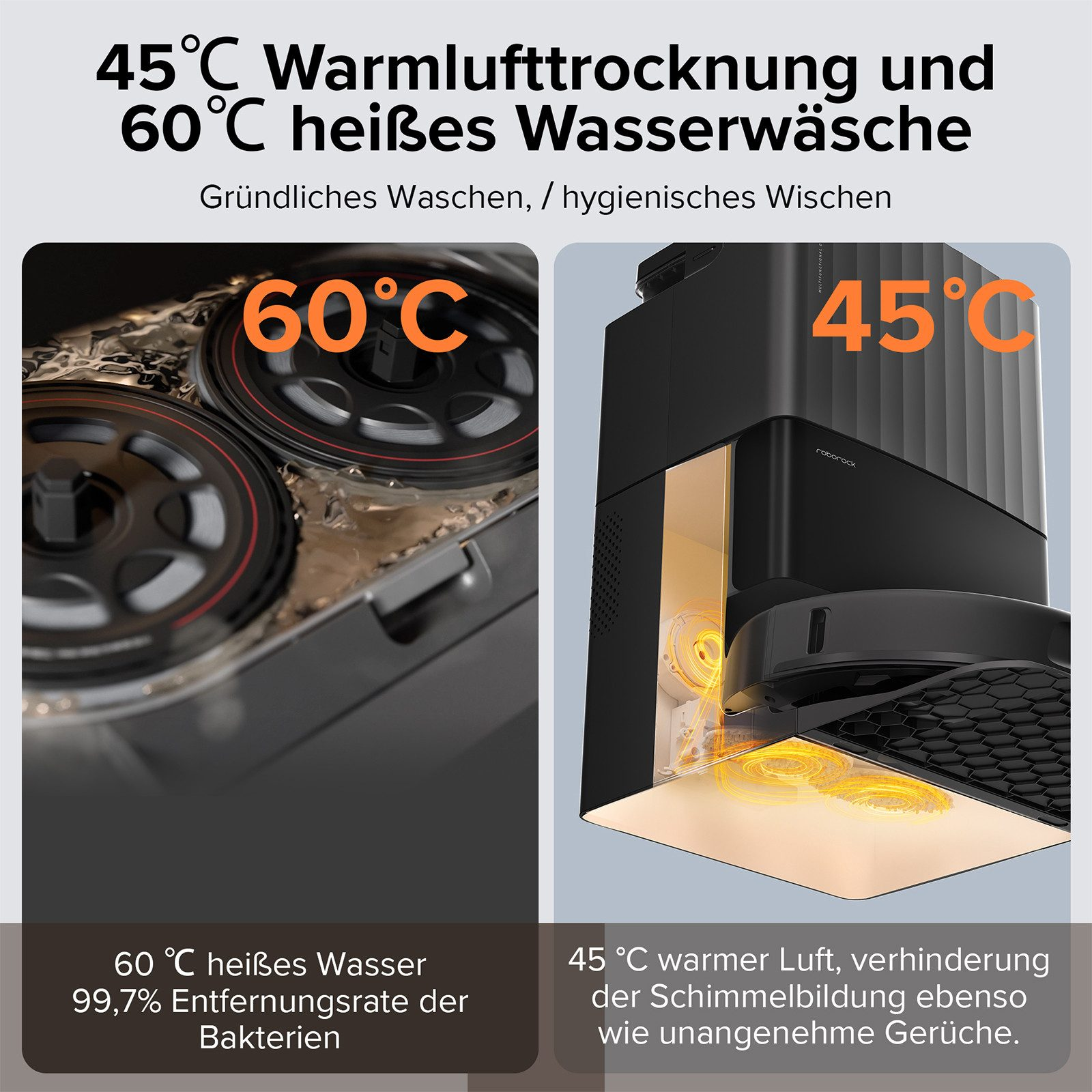 L'image montre une machine avec nettoyage à l'eau à 60°C et séchage à l'air chaud à 45°C. Comprend l'élimination des bactéries et la prévention des odeurs.