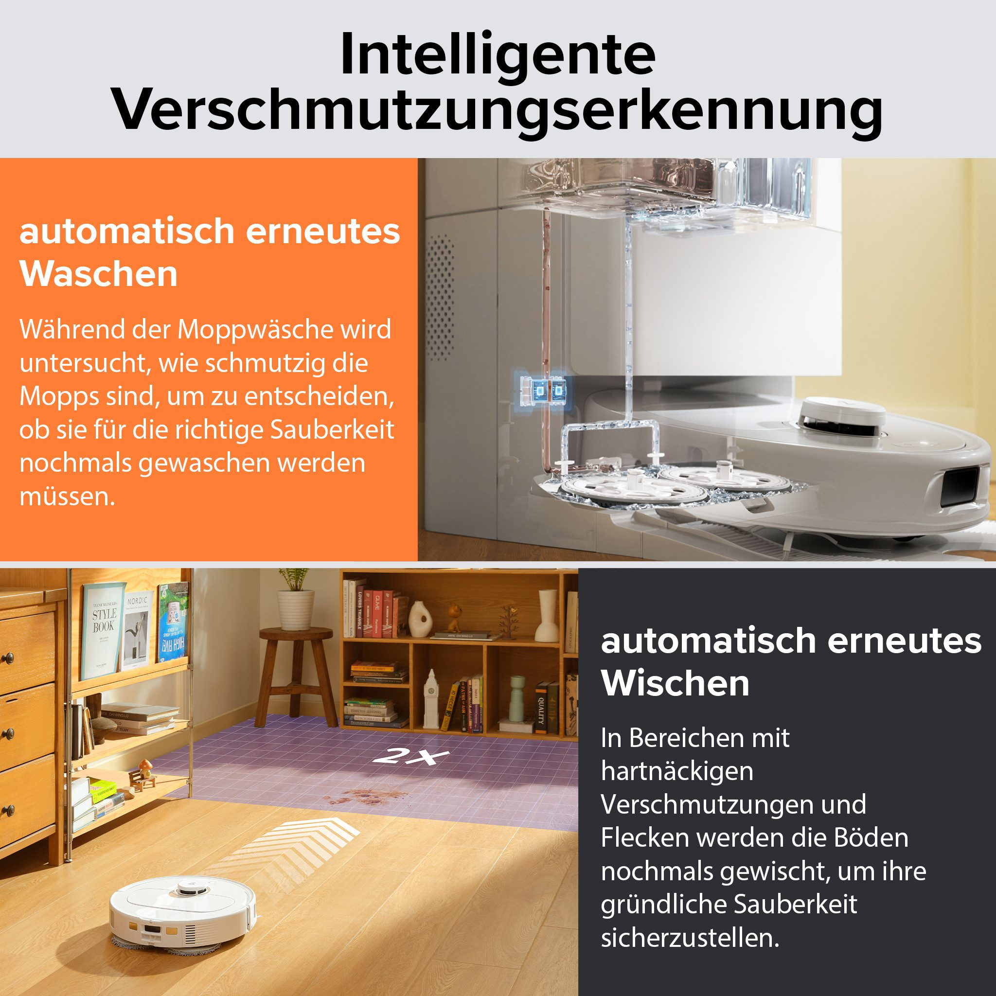 Un robot aspirateur nettoie une pièce. Le texte décrit les caractéristiques : détection intelligente de la saleté, lavage et essuyage automatiques.
