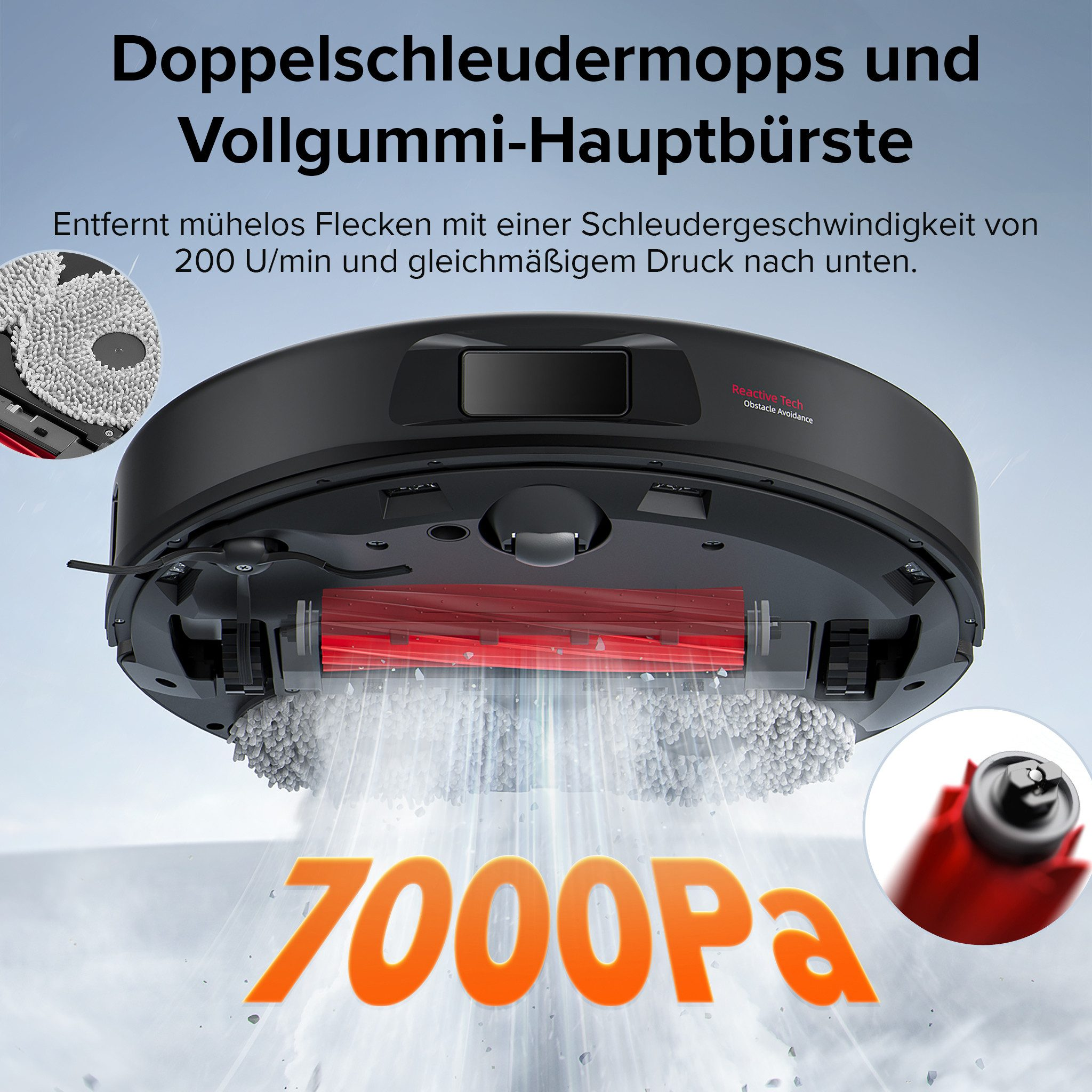 Aspirateur noir avec brosse rouge, mops blancs et texte orange '7000Pa'. Il a l'évitement d'obstacles.