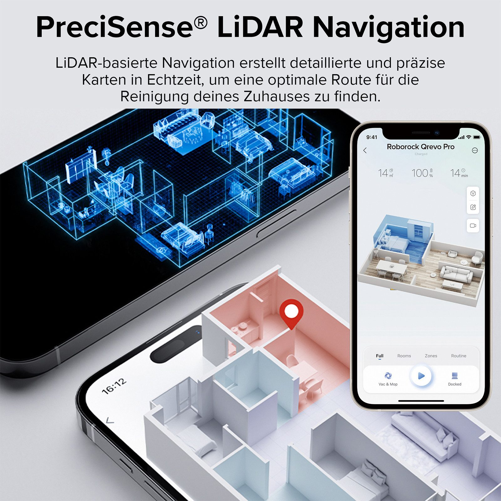 Das Bild zeigt ein Smartphone, das einen Grundriss mit LiDAR-Navigationsdetails anzeigt. Das Telefon zeigt die geplante Route eines Staubsaugers.