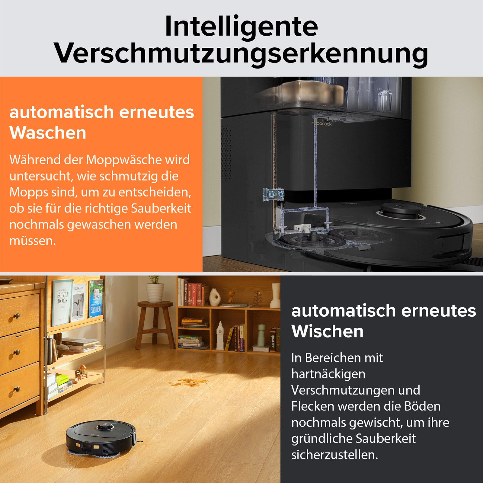 Un aspirateur robot sur un plancher en bois. L'image montre également du texte sur le lavage et l'essuyage automatiques.
