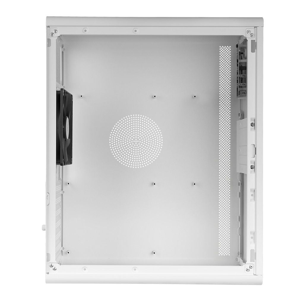 Un case per computer bianco e aperto. Una ventola nera a sinistra. Un motivo a punti al centro. Lato perforato a destra.