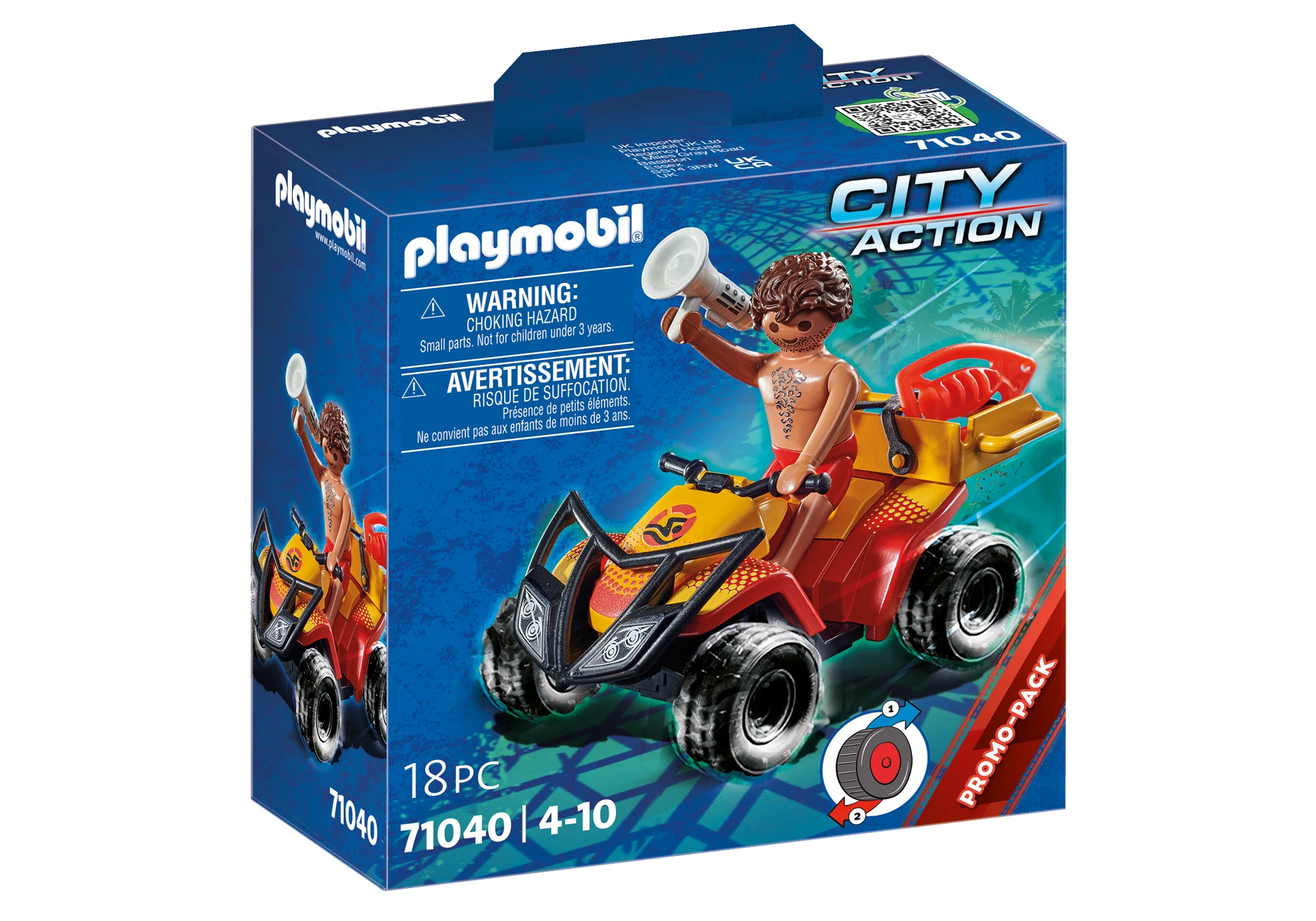 Eine Playmobil-Box zeigt eine Figur auf einem gelb-roten ATV. Die Figur hält ein Megafon. Auf der Box steht 'City Action'.