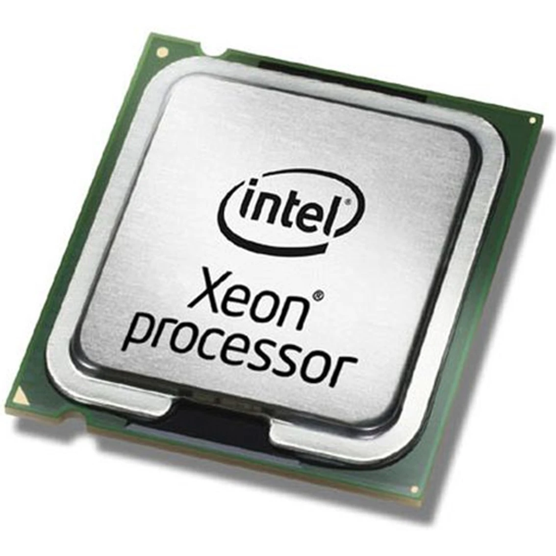 Procesor Intel Xeon. Srebrny kwadrat z logo Intel i tekstem procesora Xeon. Zielone krawędzie płytki drukowanej.