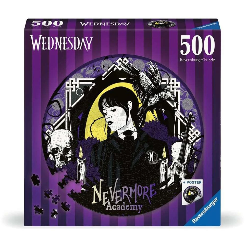 Pudełko z puzzlami z Wednesday Addams. Pudełko jest fioletowe i zawiera obraz Wednesday, świece, czaszkę i napisy Nevermore Academy.
