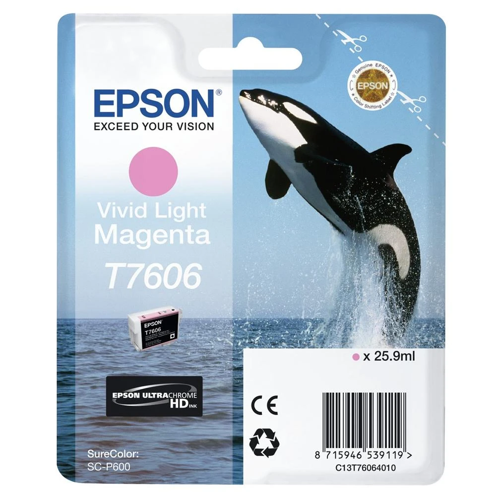 Wkład atramentowy Epson ze skaczącą orką. Etykieta Vivid Light Magenta T7606 z SureColor SC-P600. Zawiera 25,9 ml.