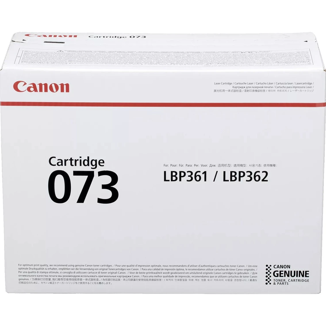 Boîte de cartouche Canon. Blanche avec texte rouge et noir. Affiche 'Cartridge 073' et le logo 'Canon'.
