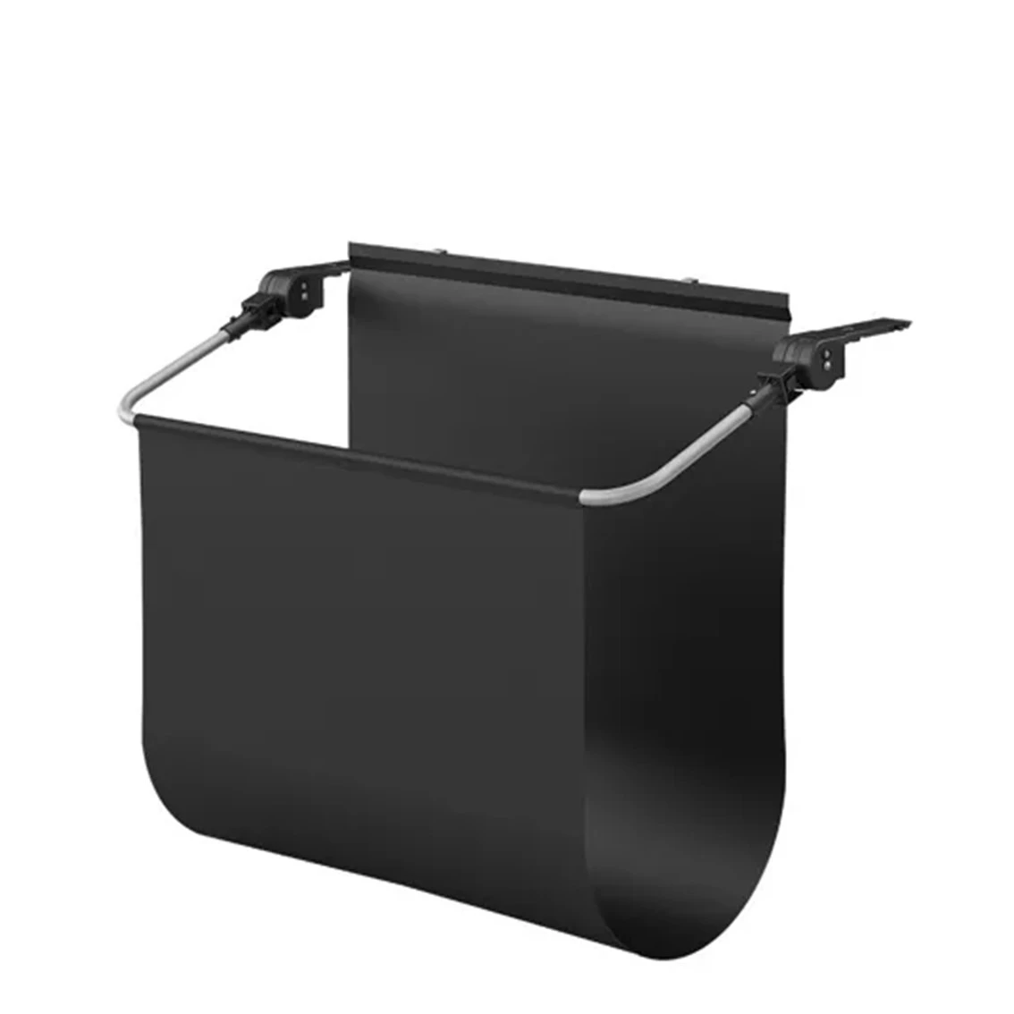 Czarny, prostokątny pojemnik z zaokrąglonym dnem. Ma metalową ramę i podpory, wyglądające na wiszący organizer.