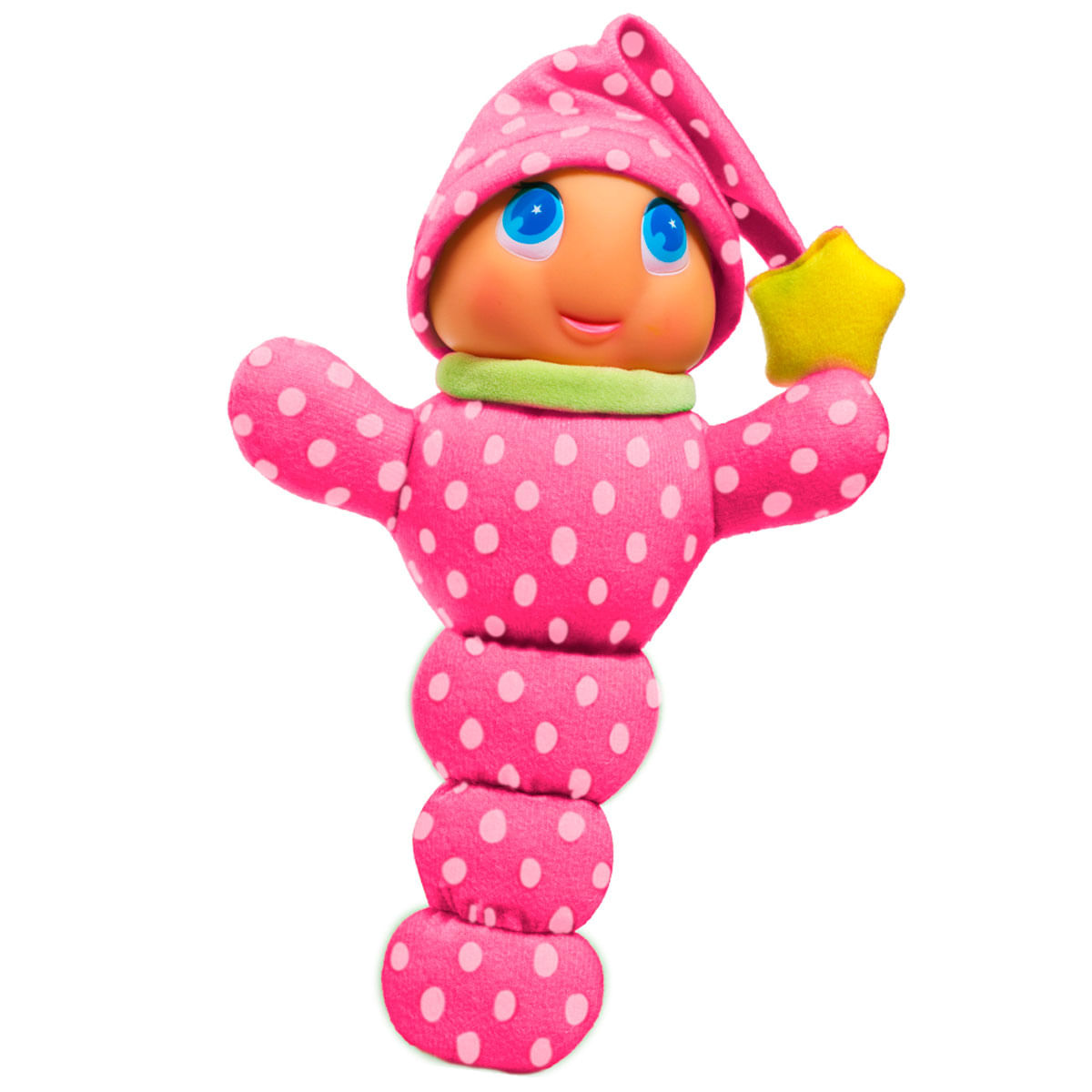 Un juguete rosa con lunares, con forma de oruga, con cara y estrella. Lleva un gorro rosa y tiene ojos azules.