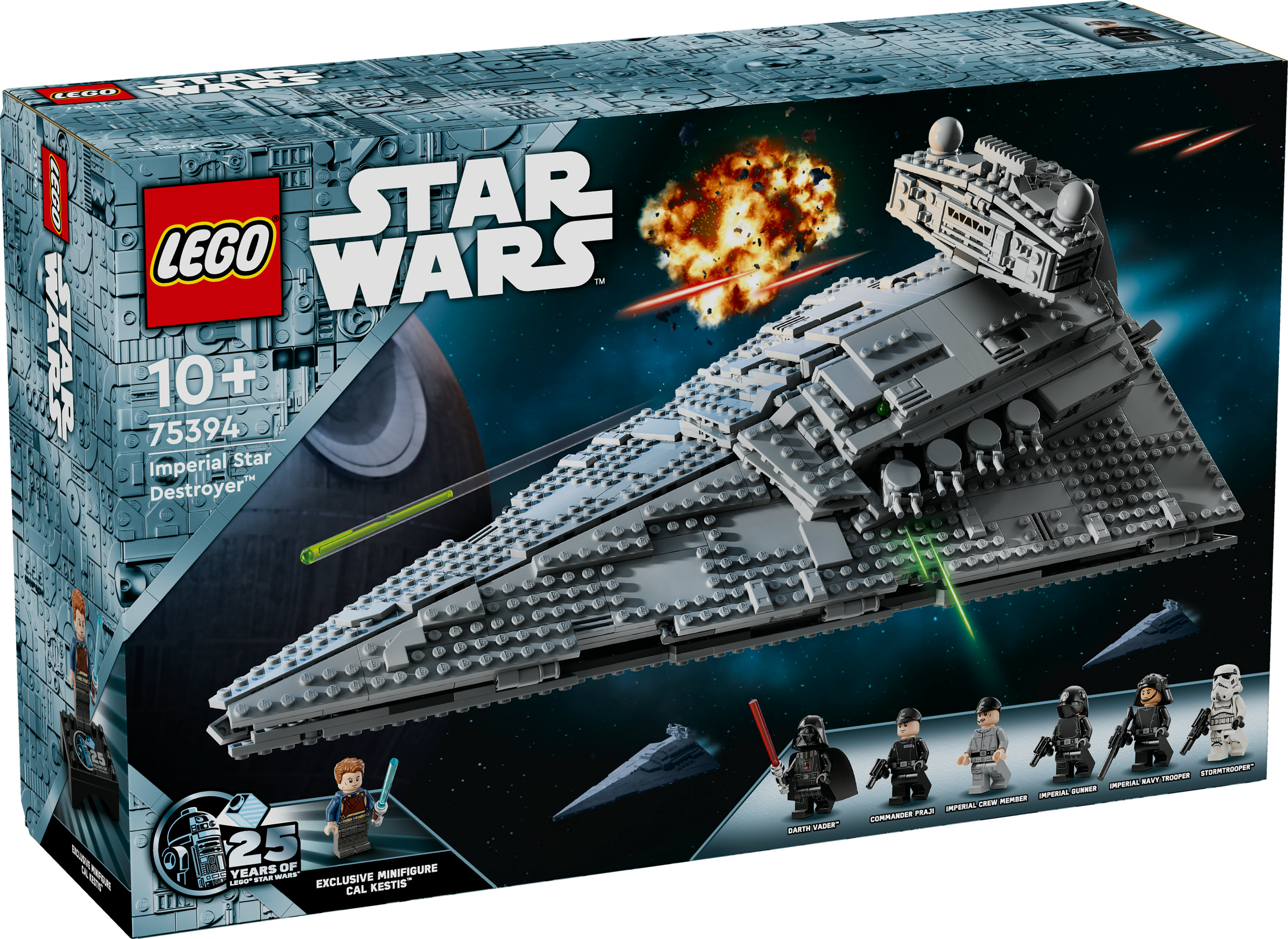 Zestaw Lego Star Wars. Zawiera szary Imperial Star Destroyer, minifigurki Lego i logo Star Wars.