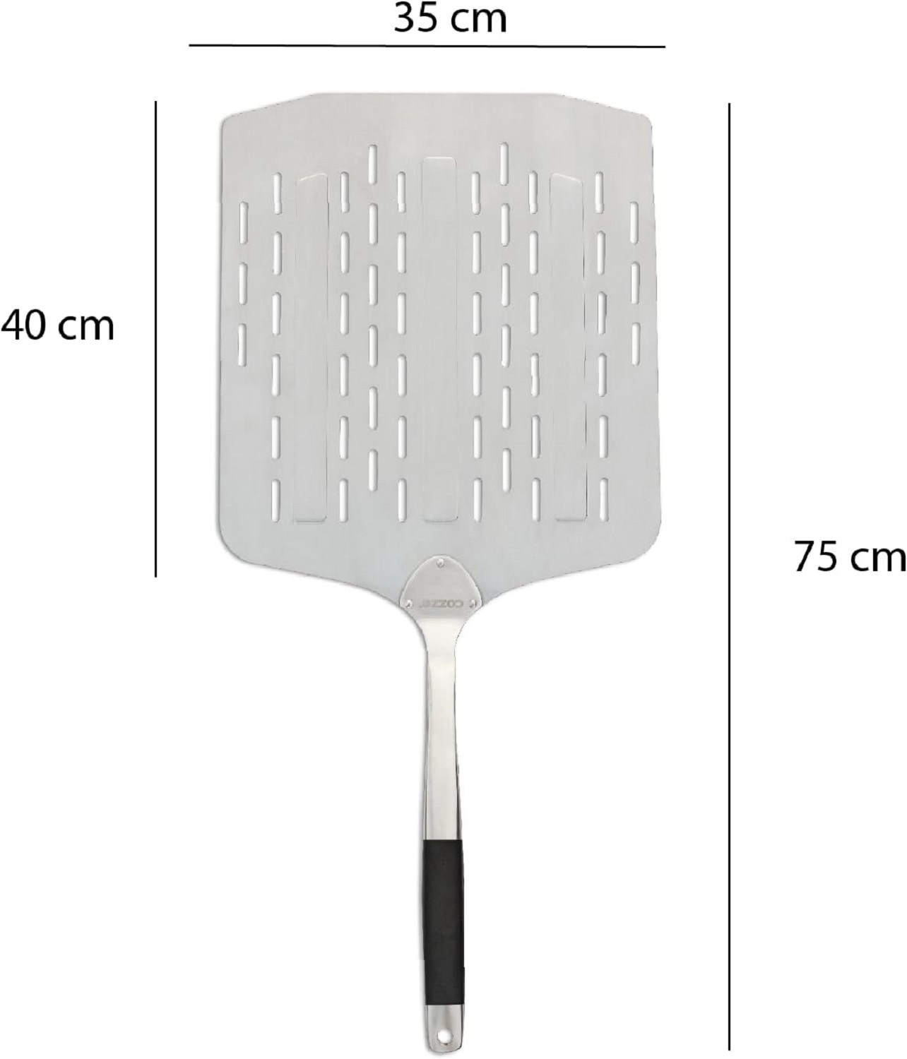 Eine Pizzaschaufel aus Metall mit schwarzem Griff. Abmessungen sind angegeben: 35 cm Breite, 40 cm Klingenhöhe und 75 cm Gesamtlänge.