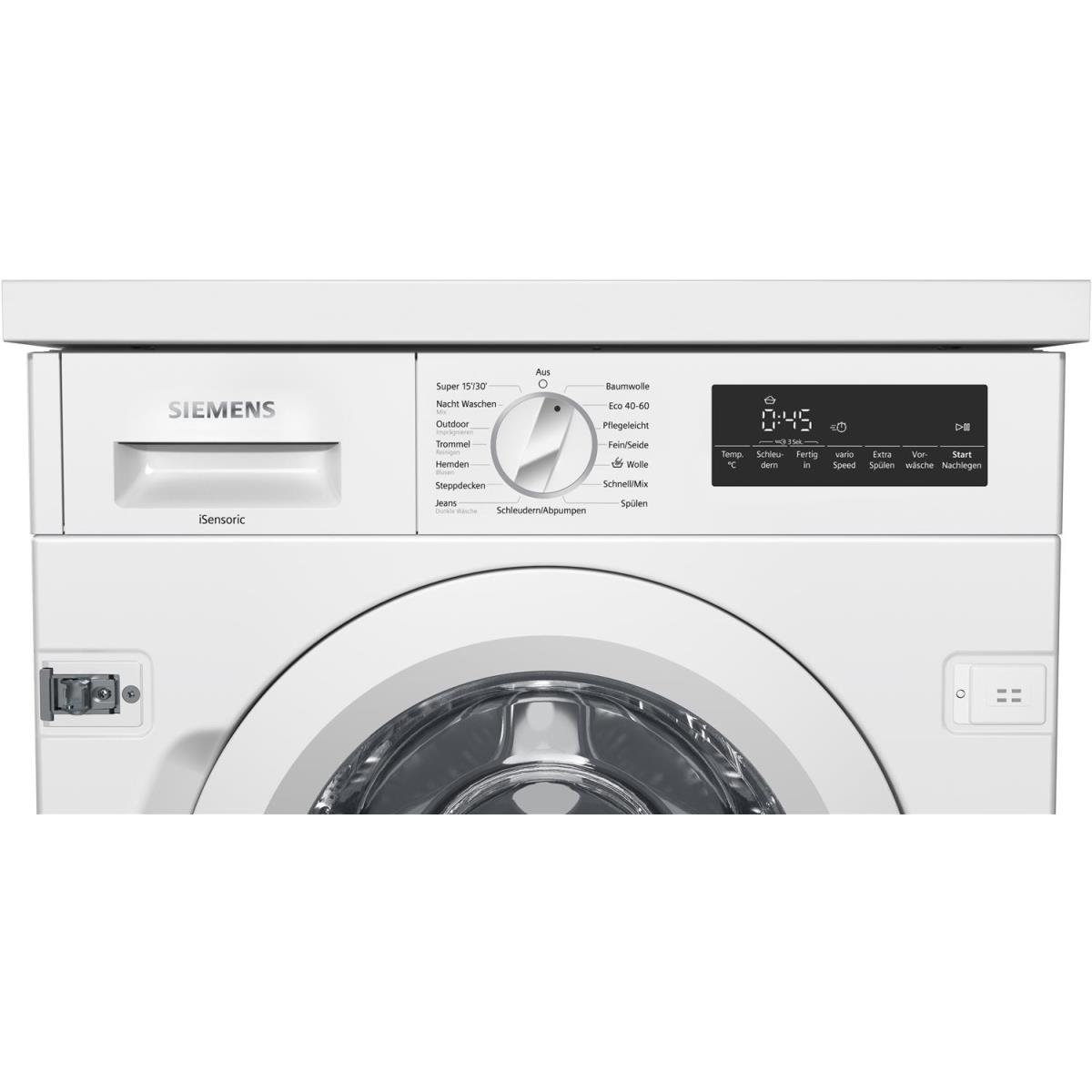 Eine weiße Siemens Waschmaschine. Sie hat Knöpfe, ein Display mit 0:45 und einen Drehregler für Wascheinstellungen.