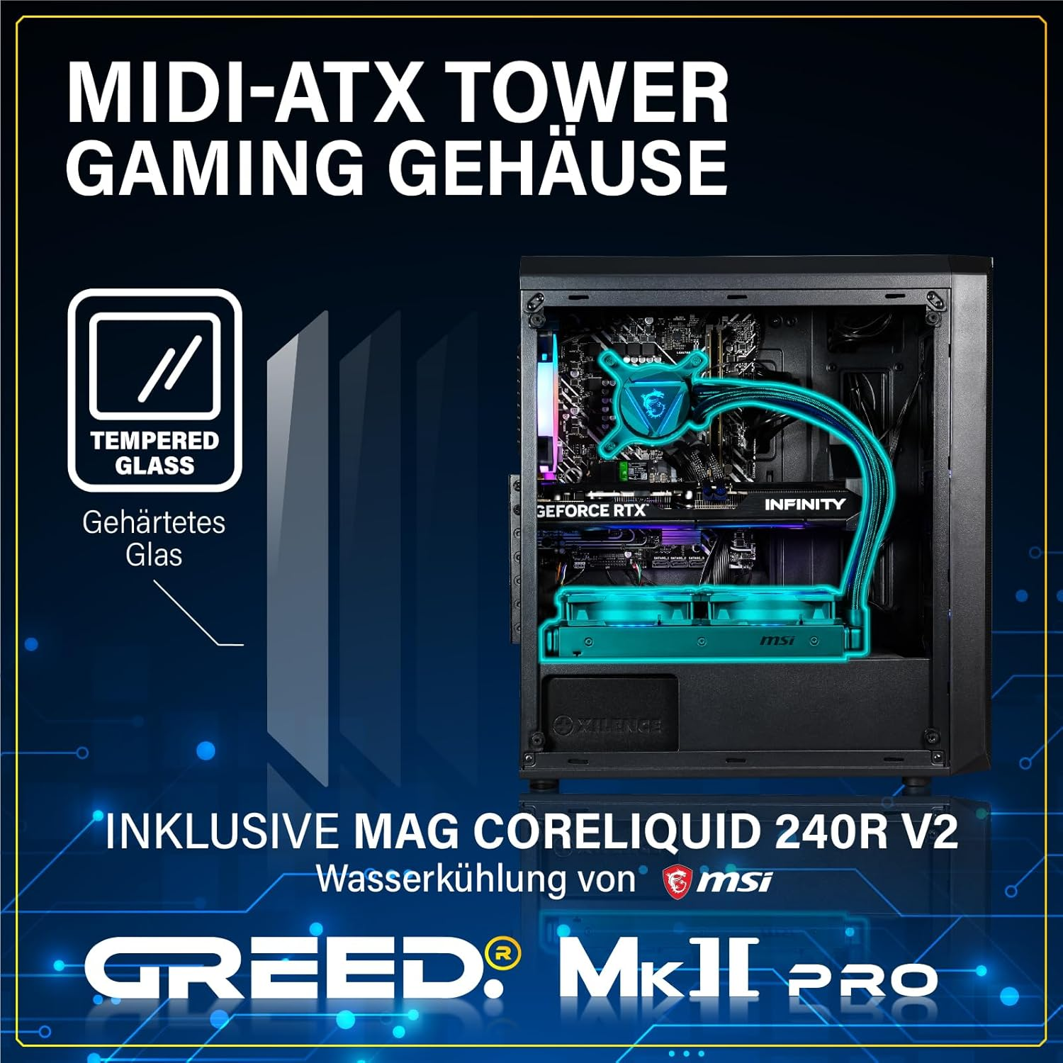 Case PC gaming con vetro temperato, raffreddamento a liquido e componenti illuminati in verde acqua. Testo evidenzia 'GREED MkII PRO'.
