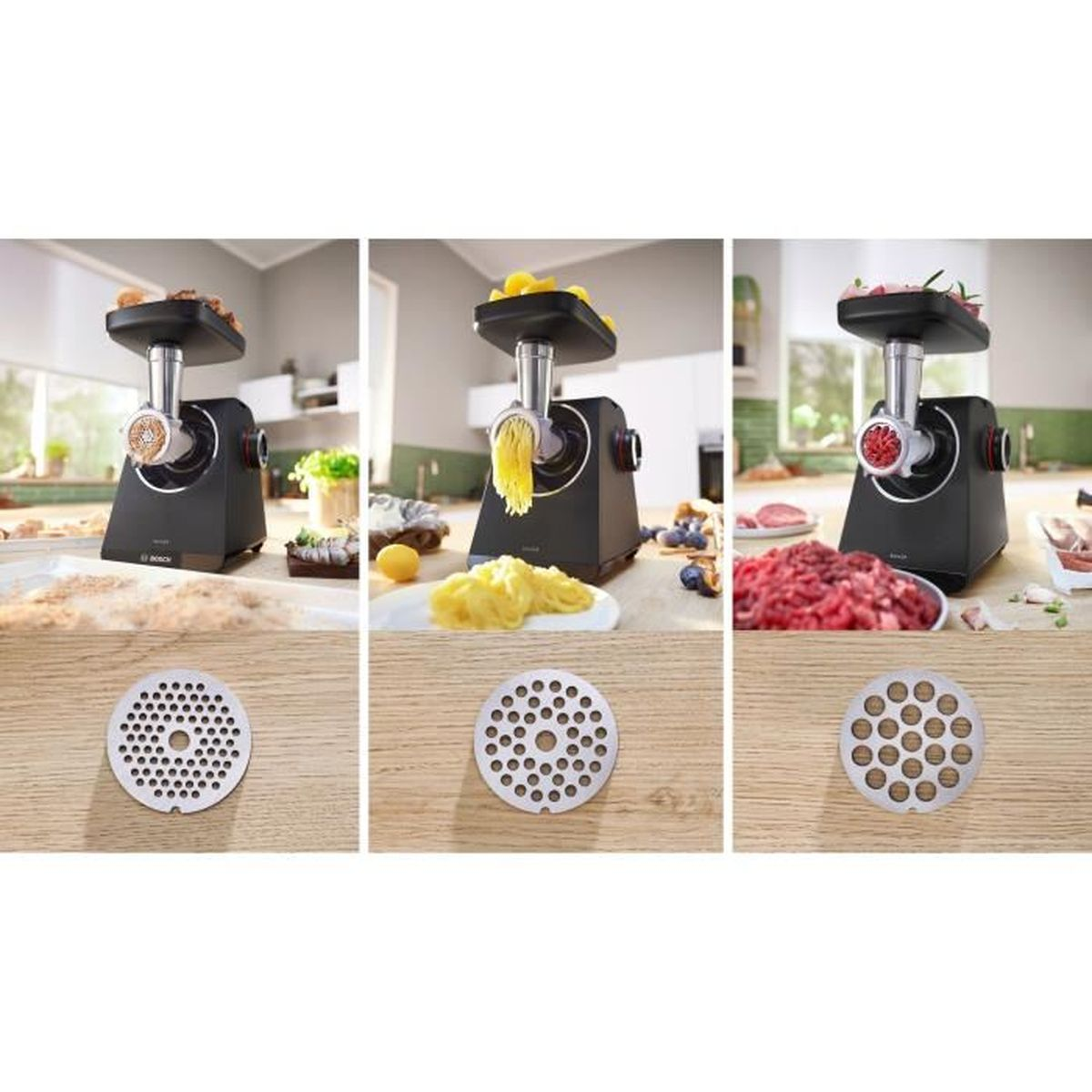 Een keukenmachine maalt verschillende ingrediënten: brood, pasta en vlees. Elke scène heeft een metalen plaat en de machine.