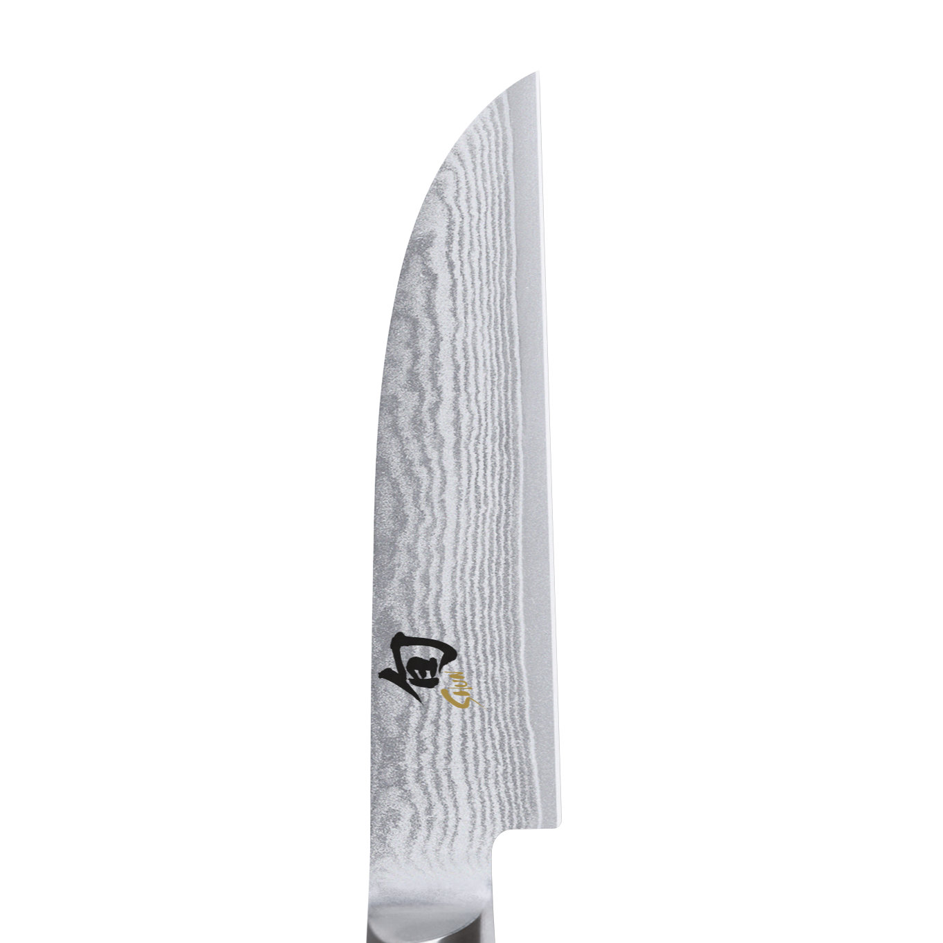Zbliżenie srebrnego ostrza noża z wzorzystą powierzchnią i czarno-złotym logo na białym tle.