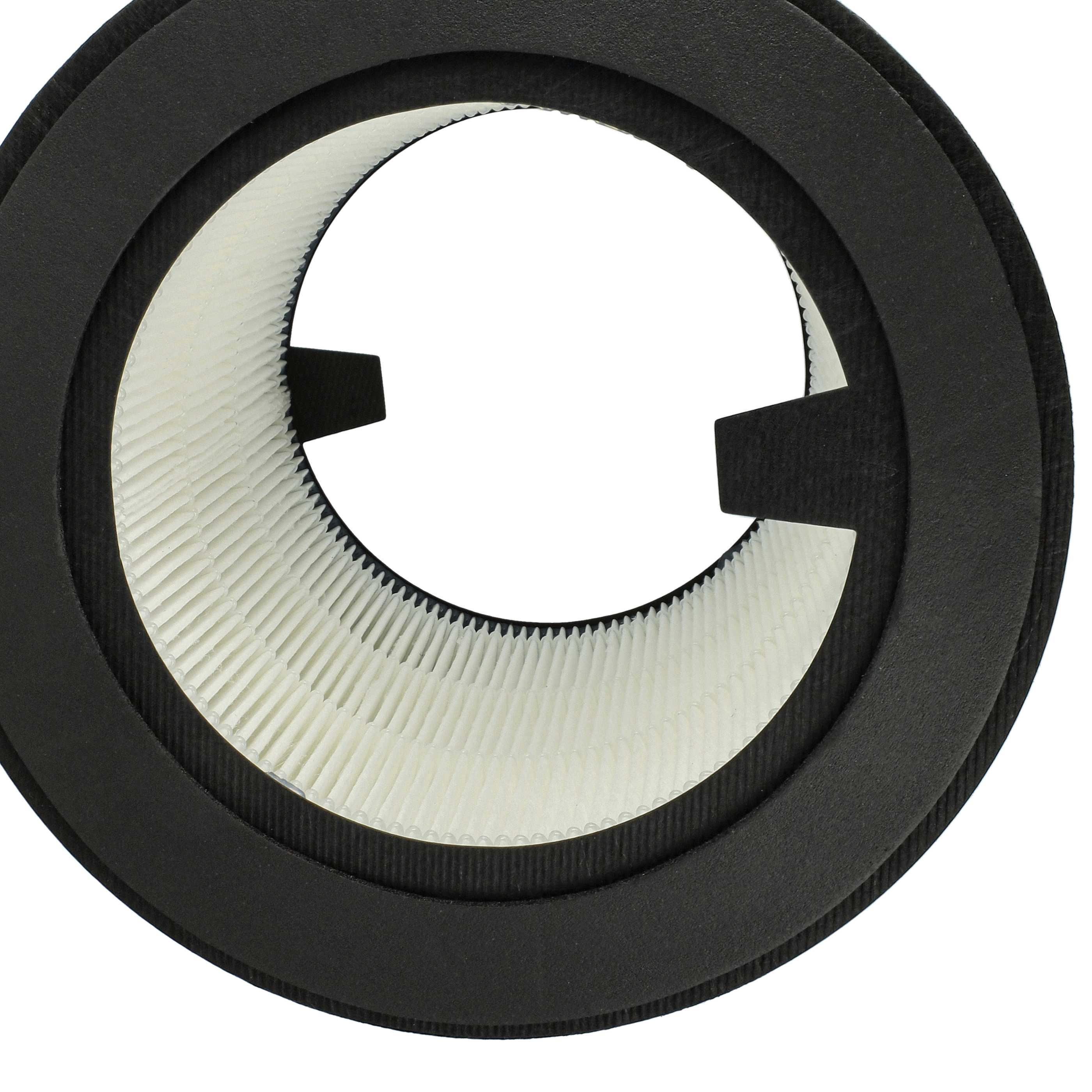 Runder Luftfilter. Schwarzer Rahmen umgibt weißes, plissiertes Filtermaterial, mit großer Mittelöffnung und zwei schwarzen Laschen.