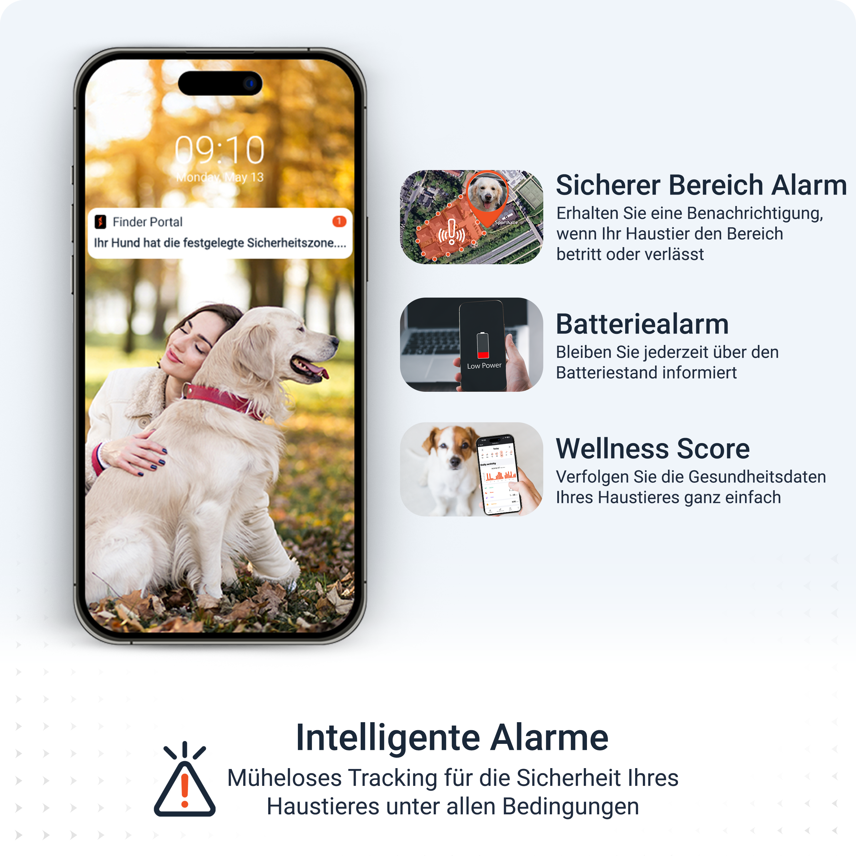 Ein Telefon zeigt eine Frau und einen Hund. Symbole zeigen Sicherheitszone, niedrigen Batteriestand und Wellness-Score.
