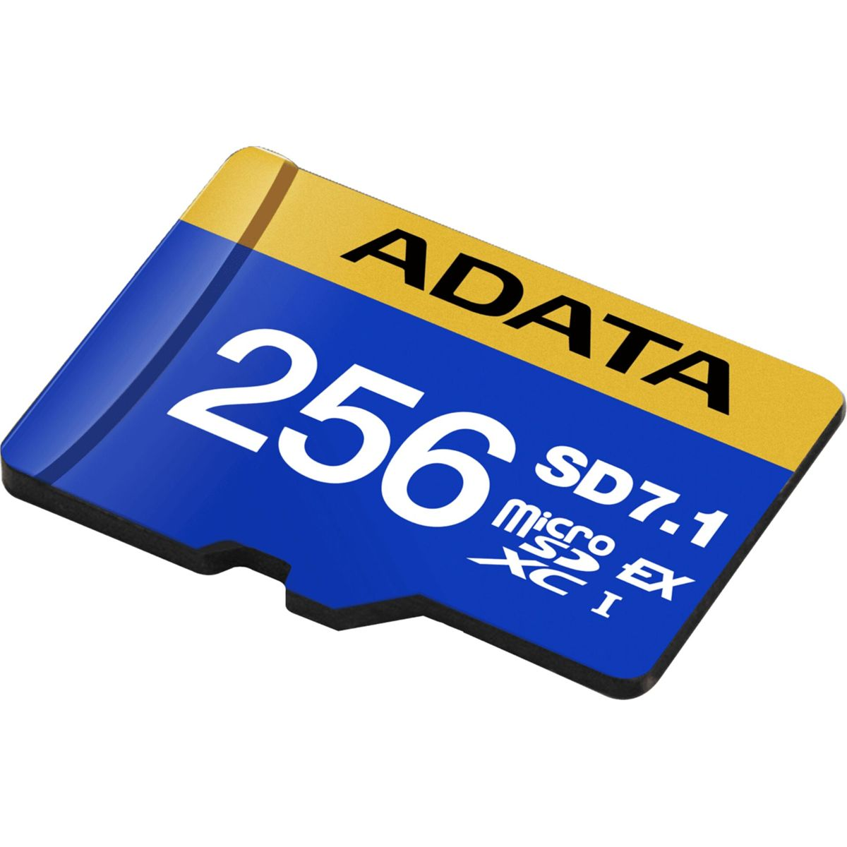 Eine blaue und gelbe ADATA 256GB microSD-Karte. Der Text enthält 'SD7.1', 'micro EX' und 'XC I'.