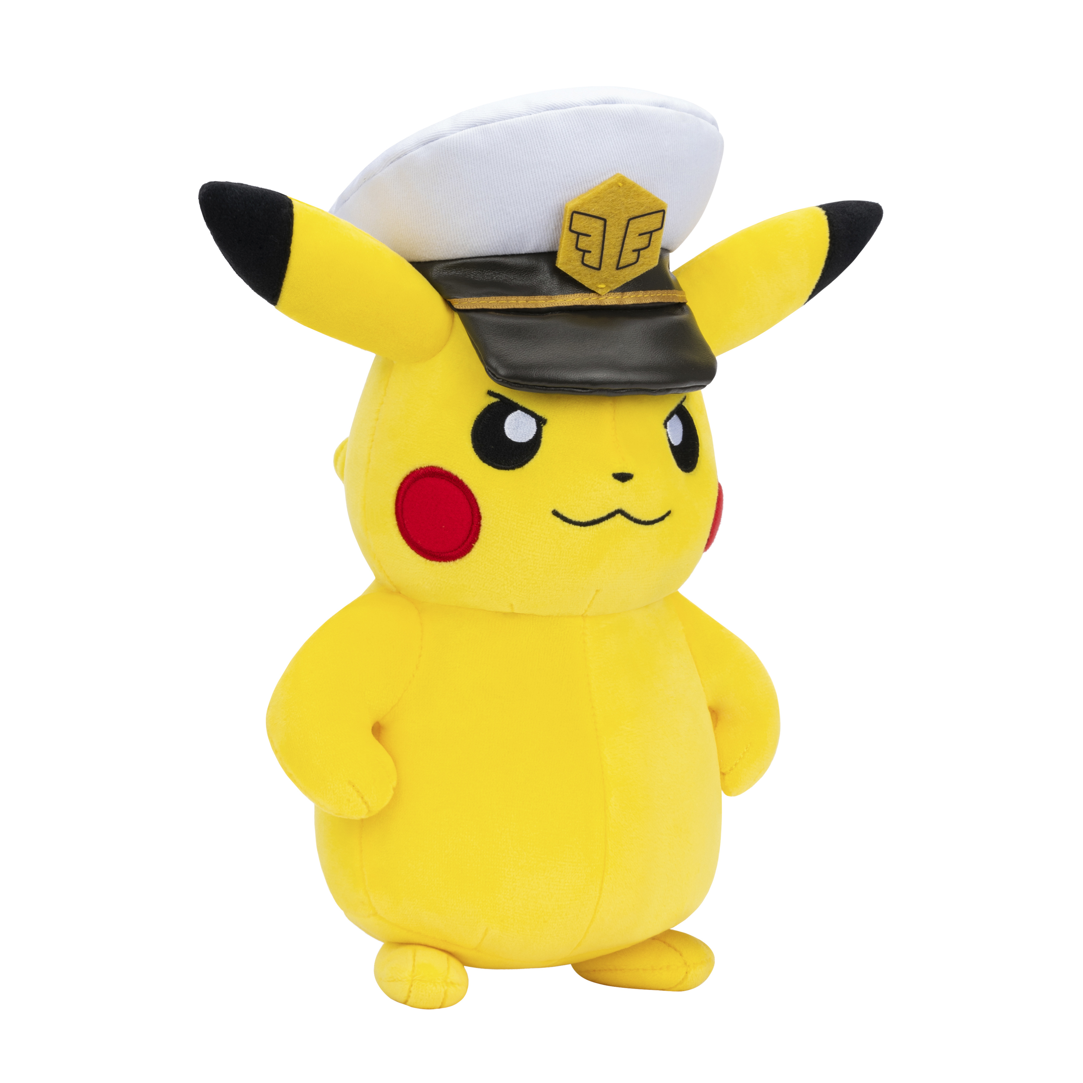 Un peluche de Pikachu con gorro de marinero blanco. Tiene mejillas rojas y un gorro de marinero con ribete negro.