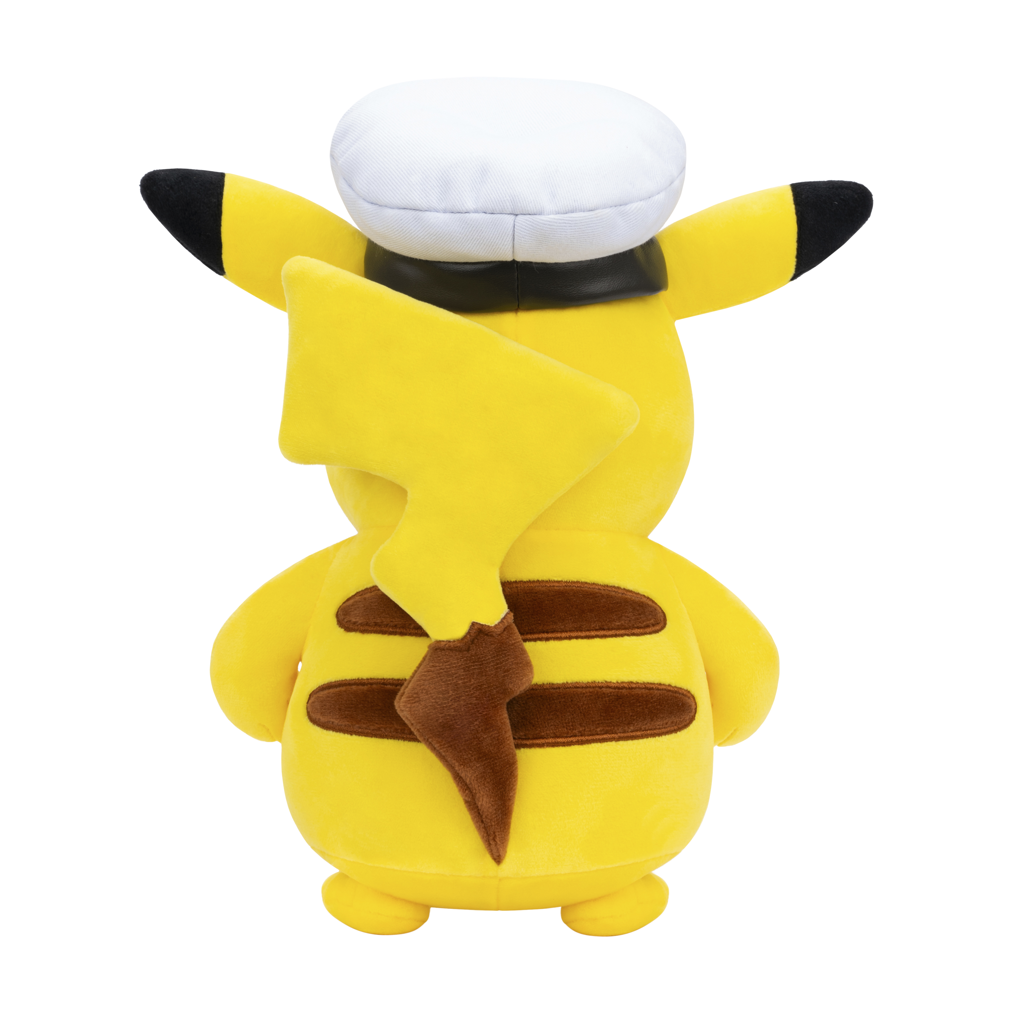 Un peluche de Pikachu amarillo con un gorro blanco y un cuello negro, visto por detrás, con cola de rayo.