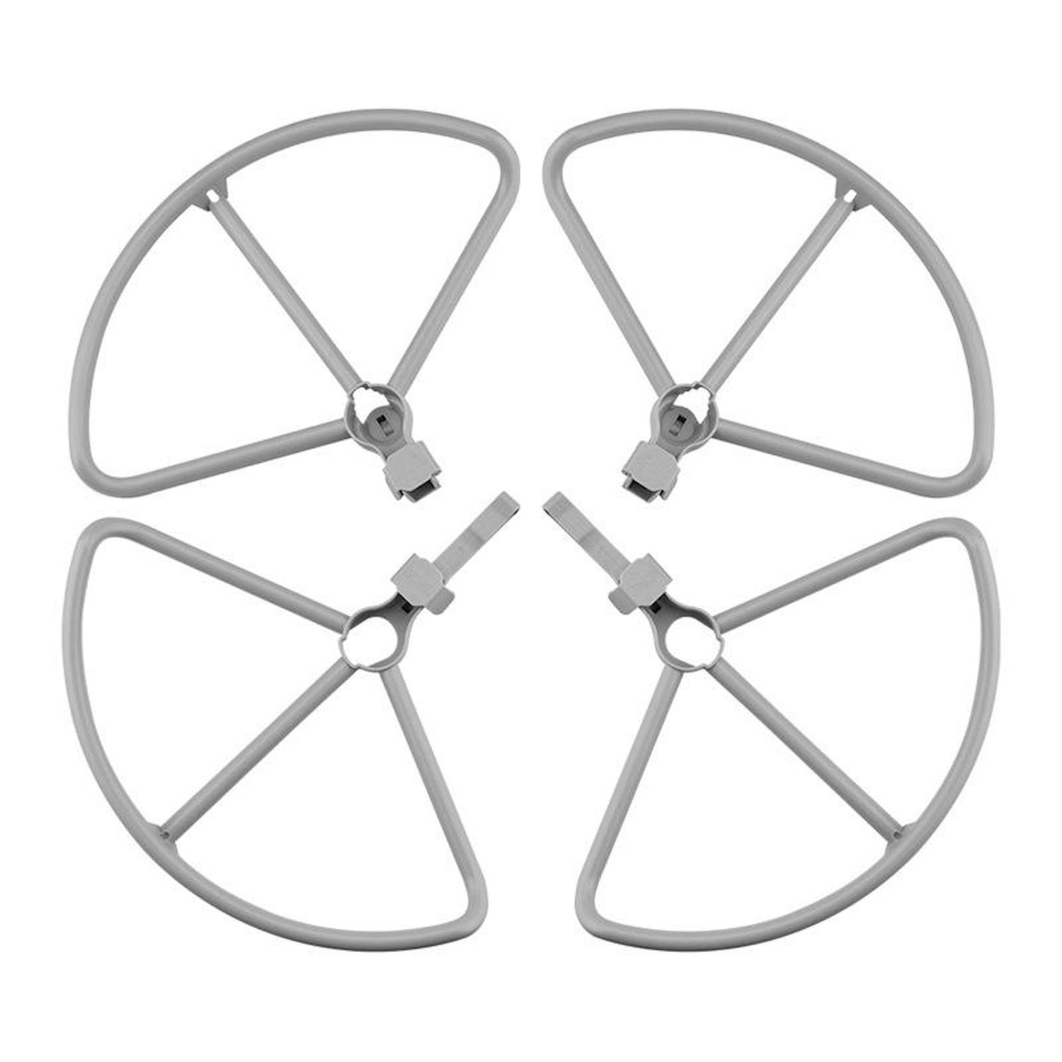 Quattro protezioni per eliche di droni grigie disposte a cerchio su sfondo bianco.
