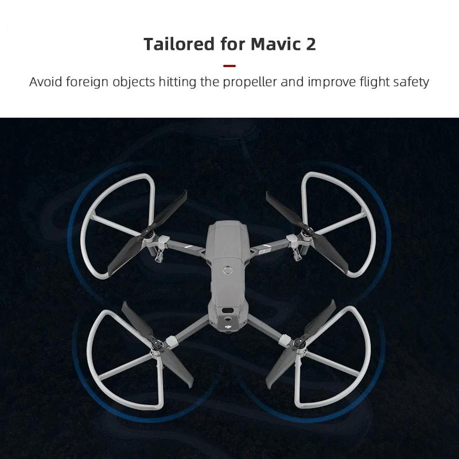 Un drone con protezioni per le eliche è centrato. Lo sfondo è blu scuro, con il testo 'Tailored for Mavic 2'.