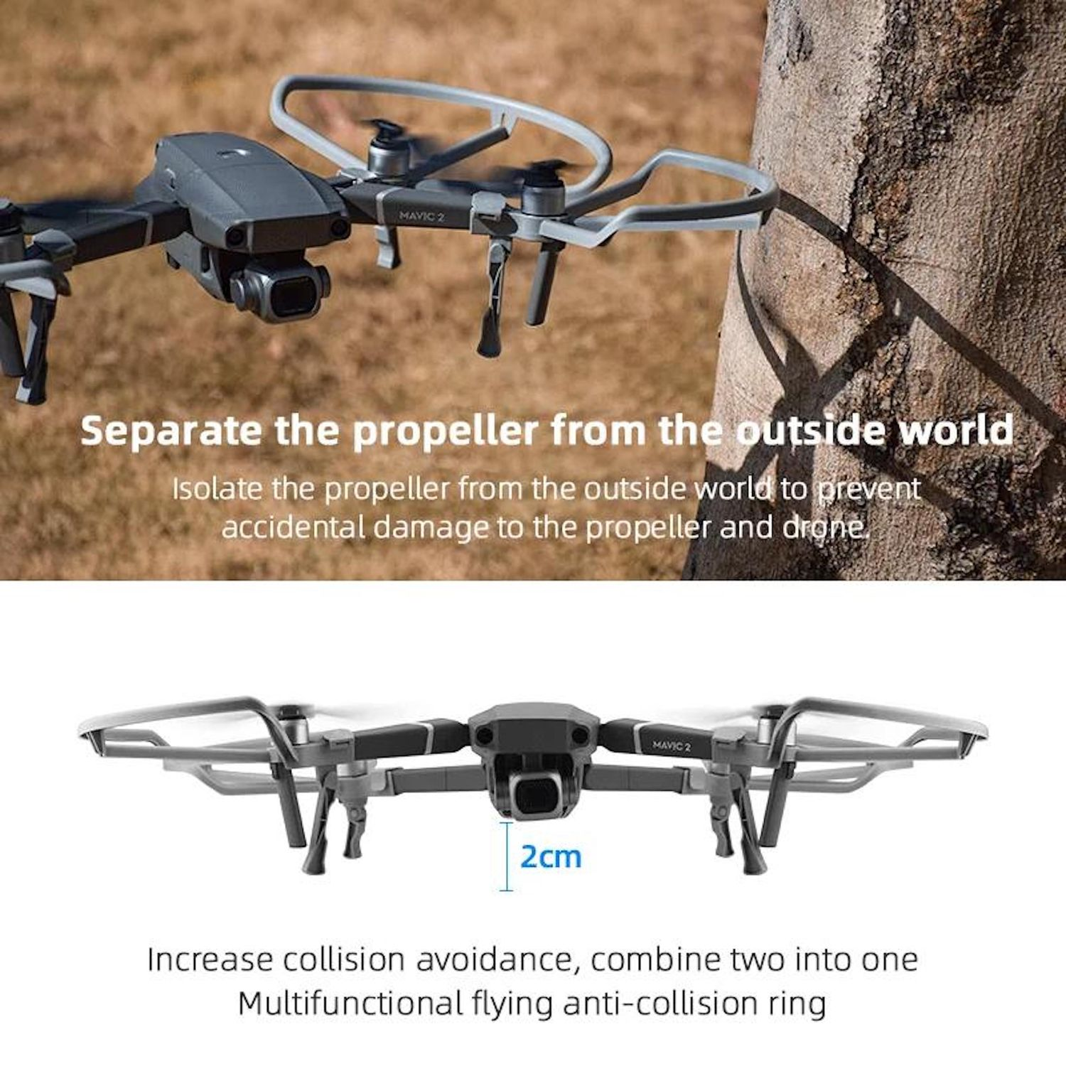 Un drone con protezione dell'elica vicino a un albero. Testo: 'Separa l'elica' e 'Aumenta l'evitamento delle collisioni'.
