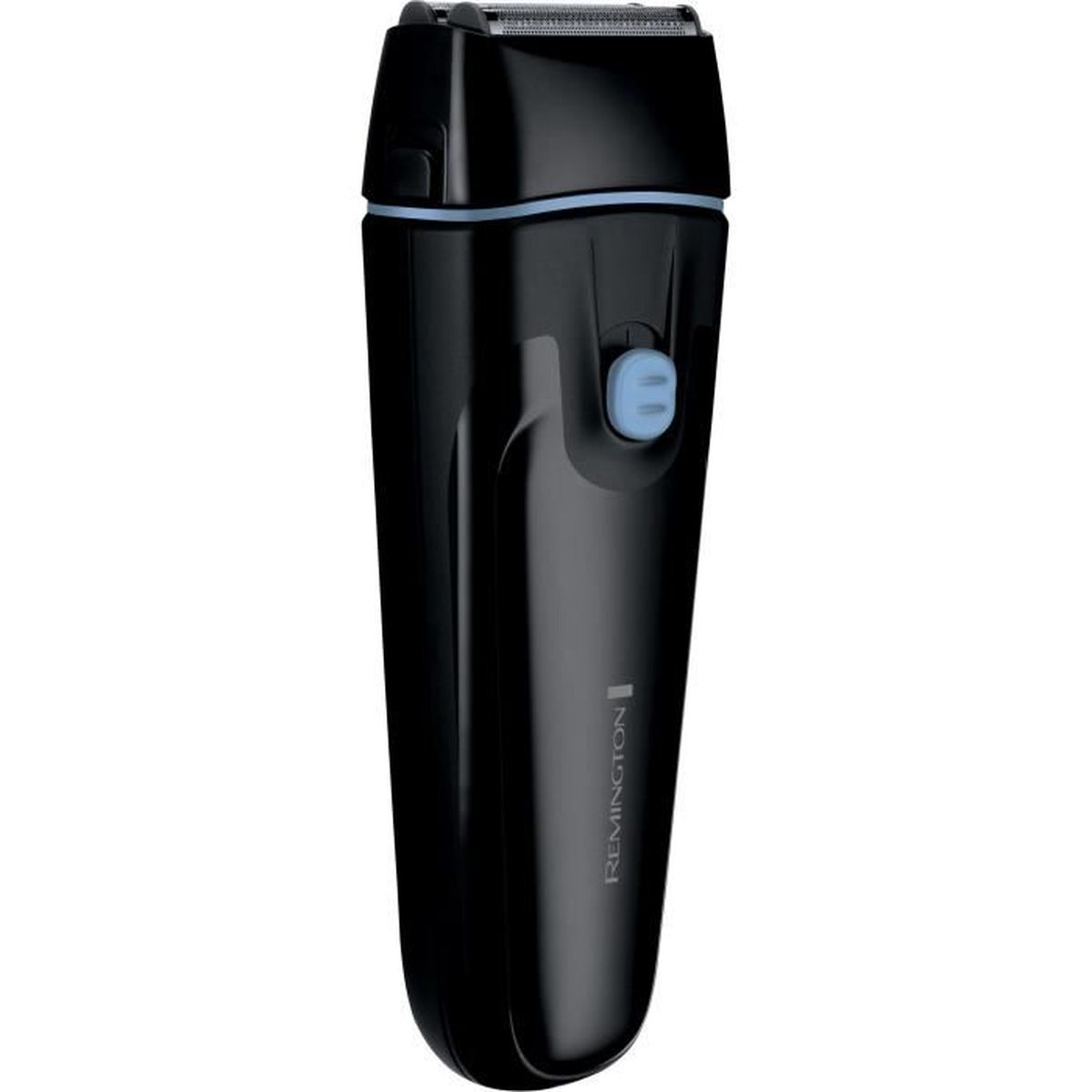 Un rasoio Remington nero. Ha un pulsante di accensione blu e una lama argentata. Il marchio Remington è visibile.