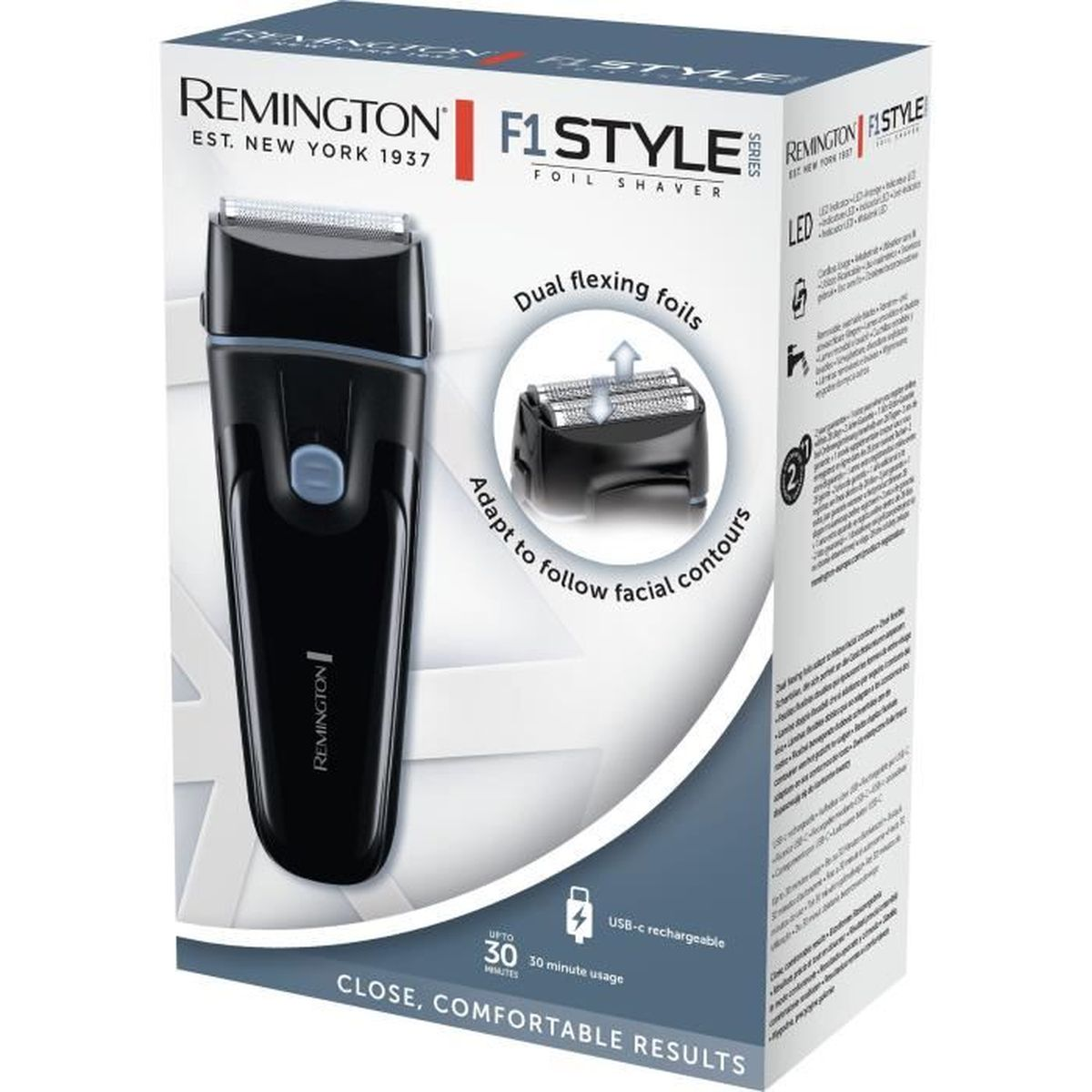 Un rasoio a lamina Remington F1 Style nero sulla sua scatola. Il testo include 'Lamine flessibili doppie' e 'USB-C ricaricabile'.