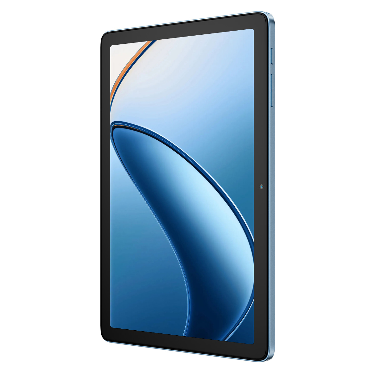 Ein blaues Tablet leicht angewinkelt. Der Bildschirm zeigt einen blau-weißen Farbverlauf. Der Rand des Tablets ist ebenfalls blau.