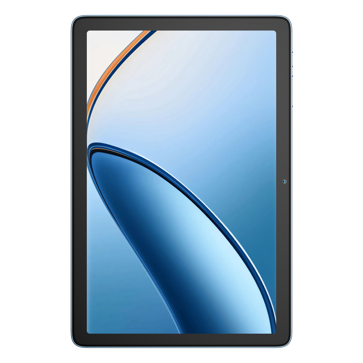 Ein Tablet mit blau-weißem Bildschirm. Der Bildschirm zeigt ein geschwungenes Design. Das Tablet hat einen dunkelblauen Rahmen.
