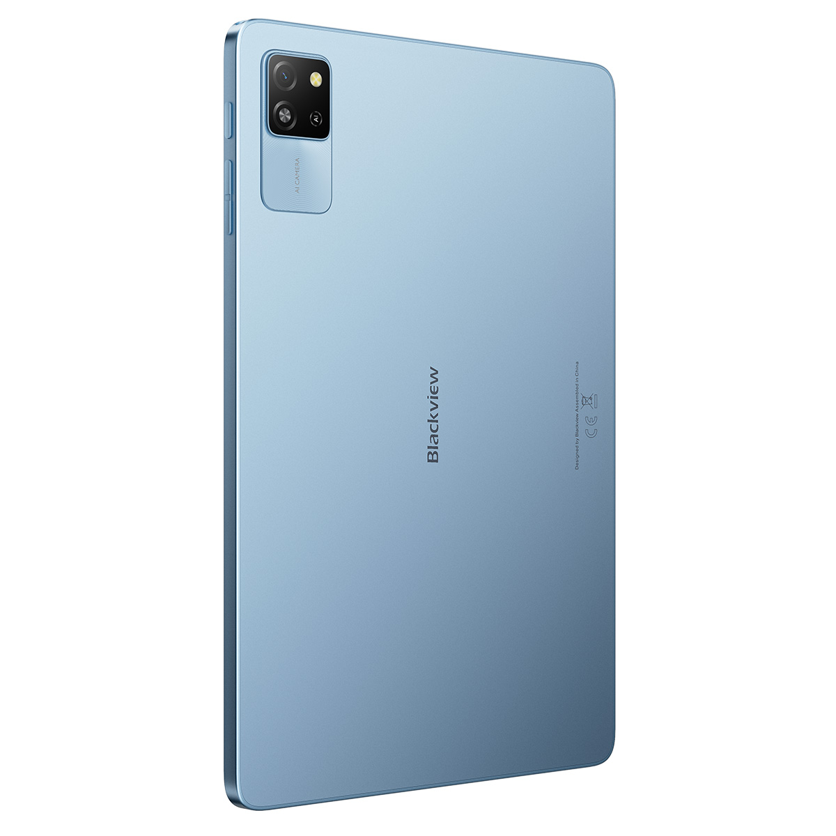 Ein hellblaues Blackview-Tablet, Rückansicht. Es hat ein Kameramodul oben links und den Markennamen in der Mitte.