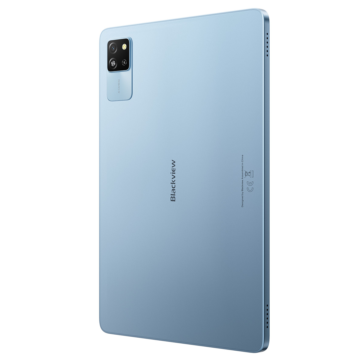 Rückseite eines hellblauen Blackview-Tablets. Mit Kamera, Markennamen und Designdetails. Auf weißem Hintergrund.