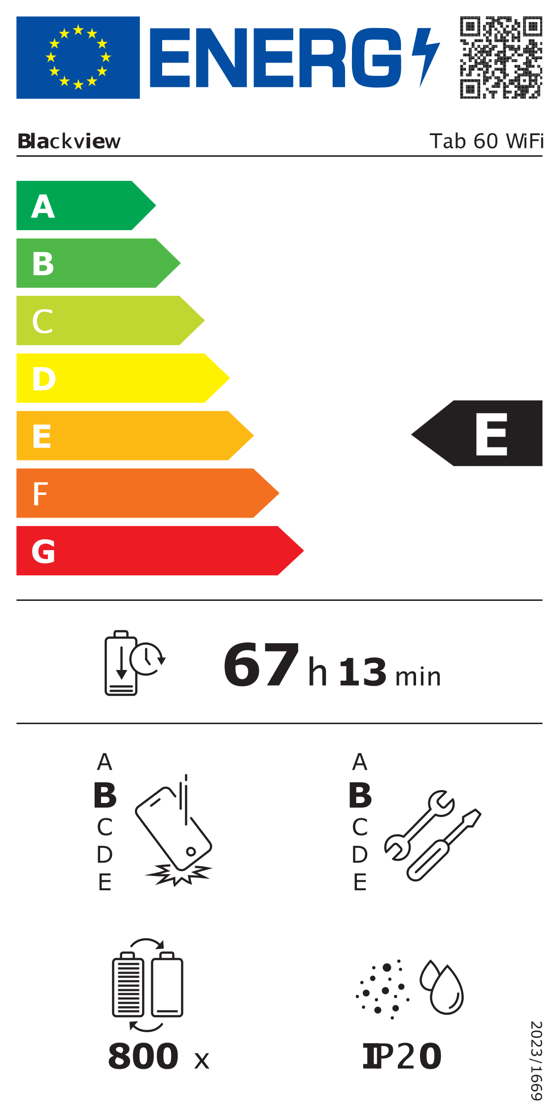Energielabel für ein Blackview Tab 60 WiFi. Zeigt Energieeffizienzklassen, Akkulaufzeit und andere Spezifikationen.