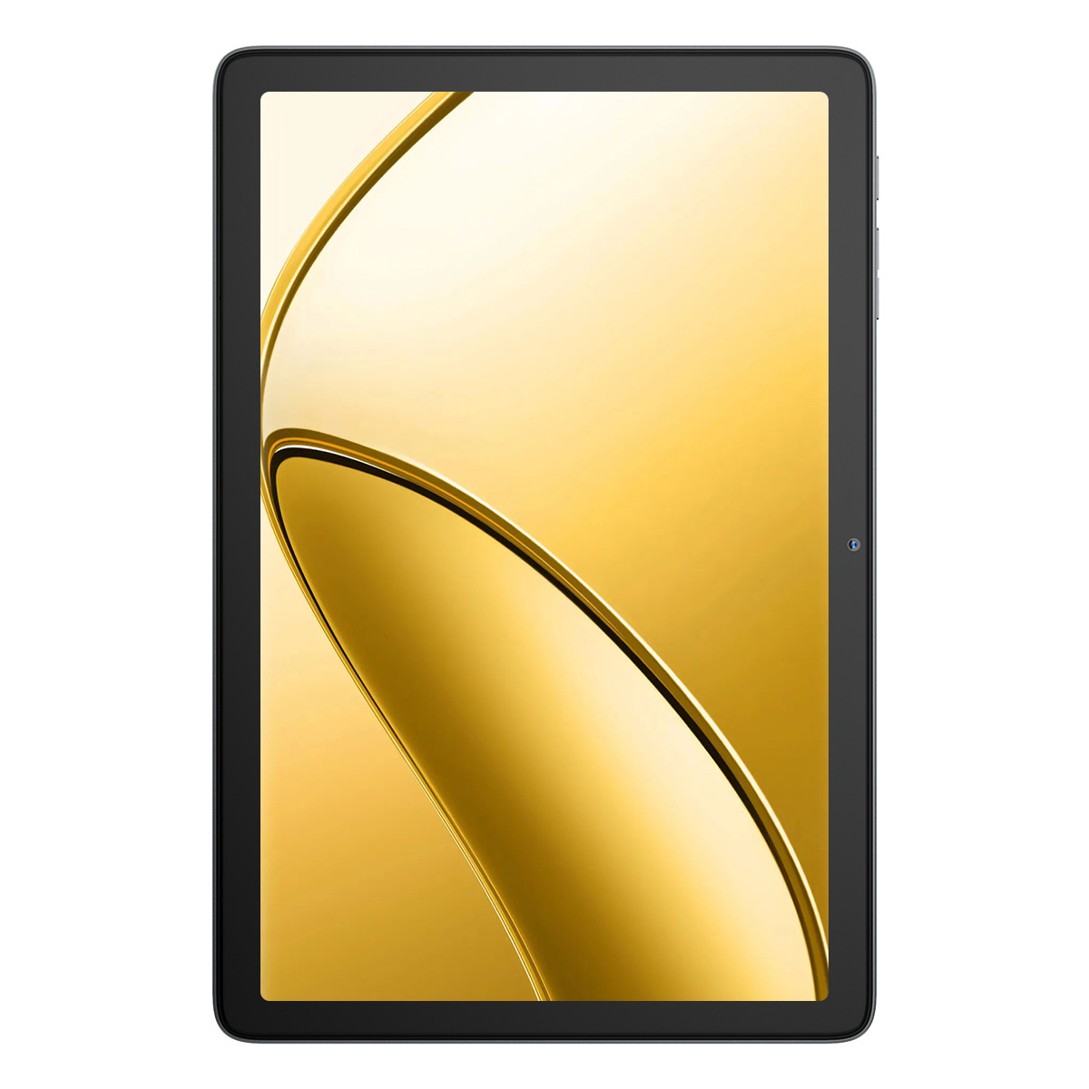 Ein schwarzes Tablet mit goldenem Bildschirm, auf dem geschwungene Linien auf einem farbigen Hintergrund angezeigt werden.