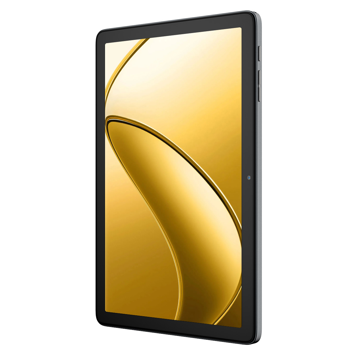 Ein Tablet mit schwarzem Rahmen und goldenem Bildschirm. Der Bildschirm zeigt abstrakte goldene Linien und Kurven.
