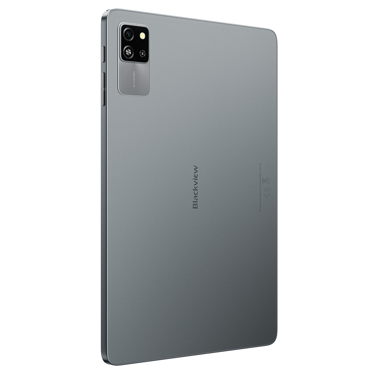 Graues Blackview-Tablet, Rückansicht, mit Kameramodul. Das Gerät befindet sich auf weißem Hintergrund.