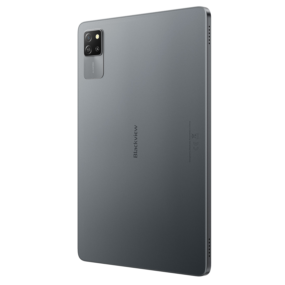 Ein dunkelgraues Blackview-Tablet, leicht angewinkelt. Kameramodul oben links, Blackview-Logo unten. Entworfen in China.