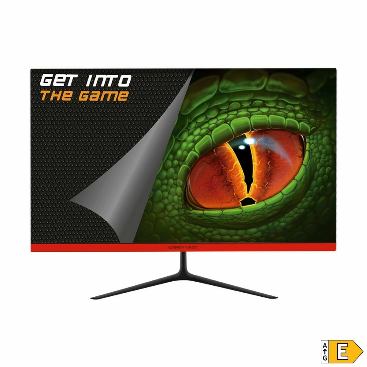 Un monitor de computadora con un ojo de dragón en la pantalla. El texto dice 'Get into the game'. El monitor es rojo y negro, con un soporte negro.