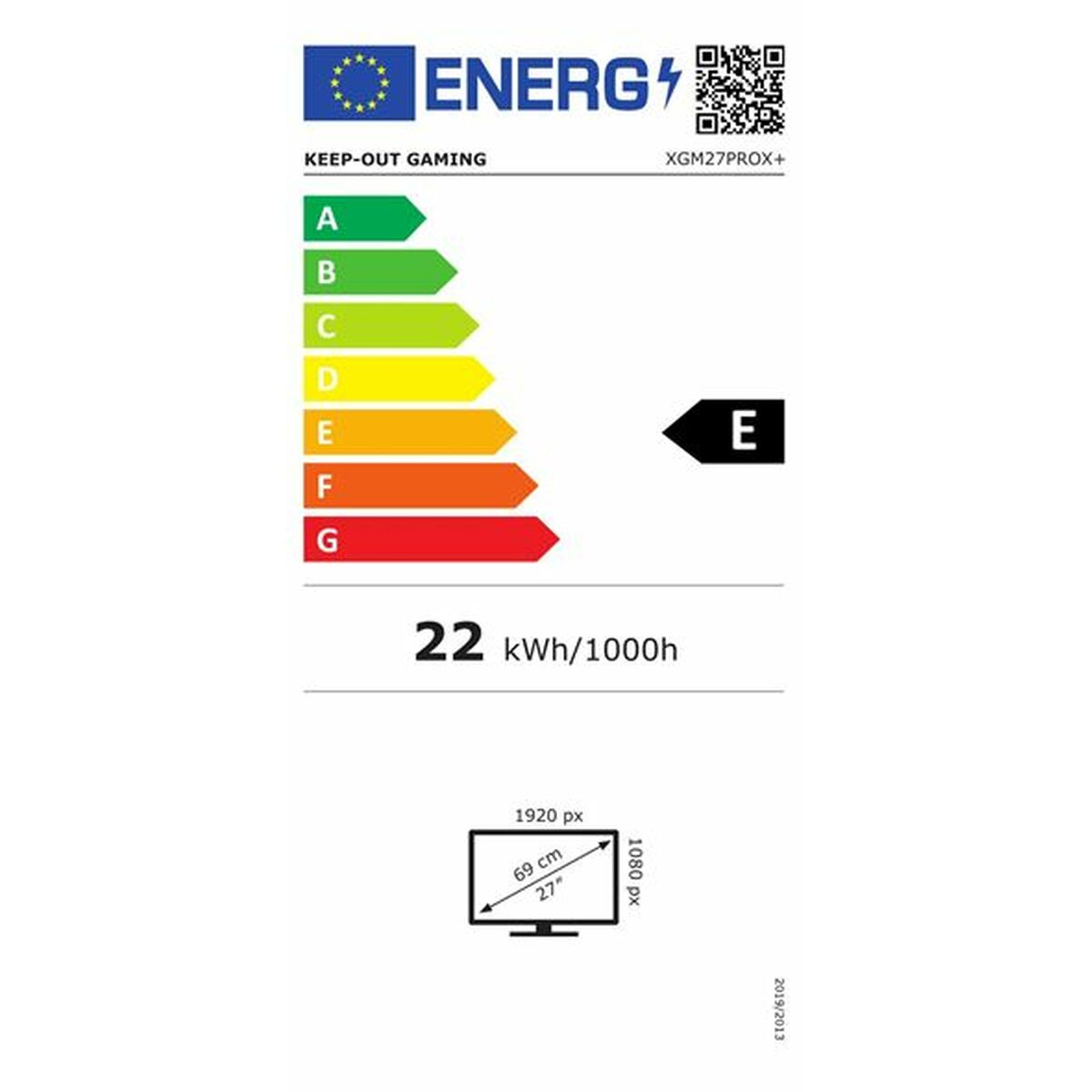Etiqueta energética con calificación E, mostrando el consumo de energía. Incluye el logotipo Keep-Out Gaming y especificaciones técnicas.