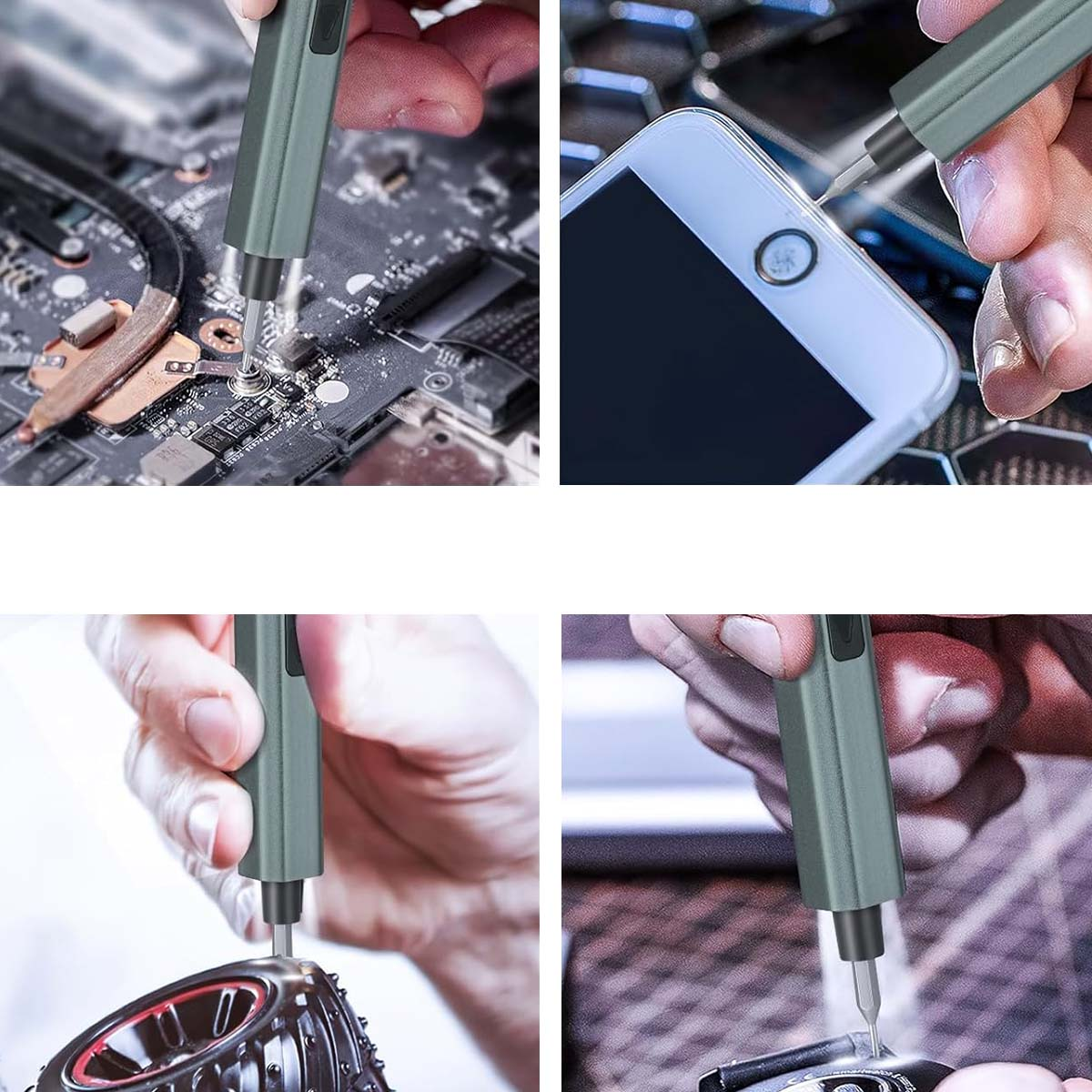Una mano tiene un cacciavite grigio, usandolo su un circuito stampato, un telefono e altri dispositivi elettronici.