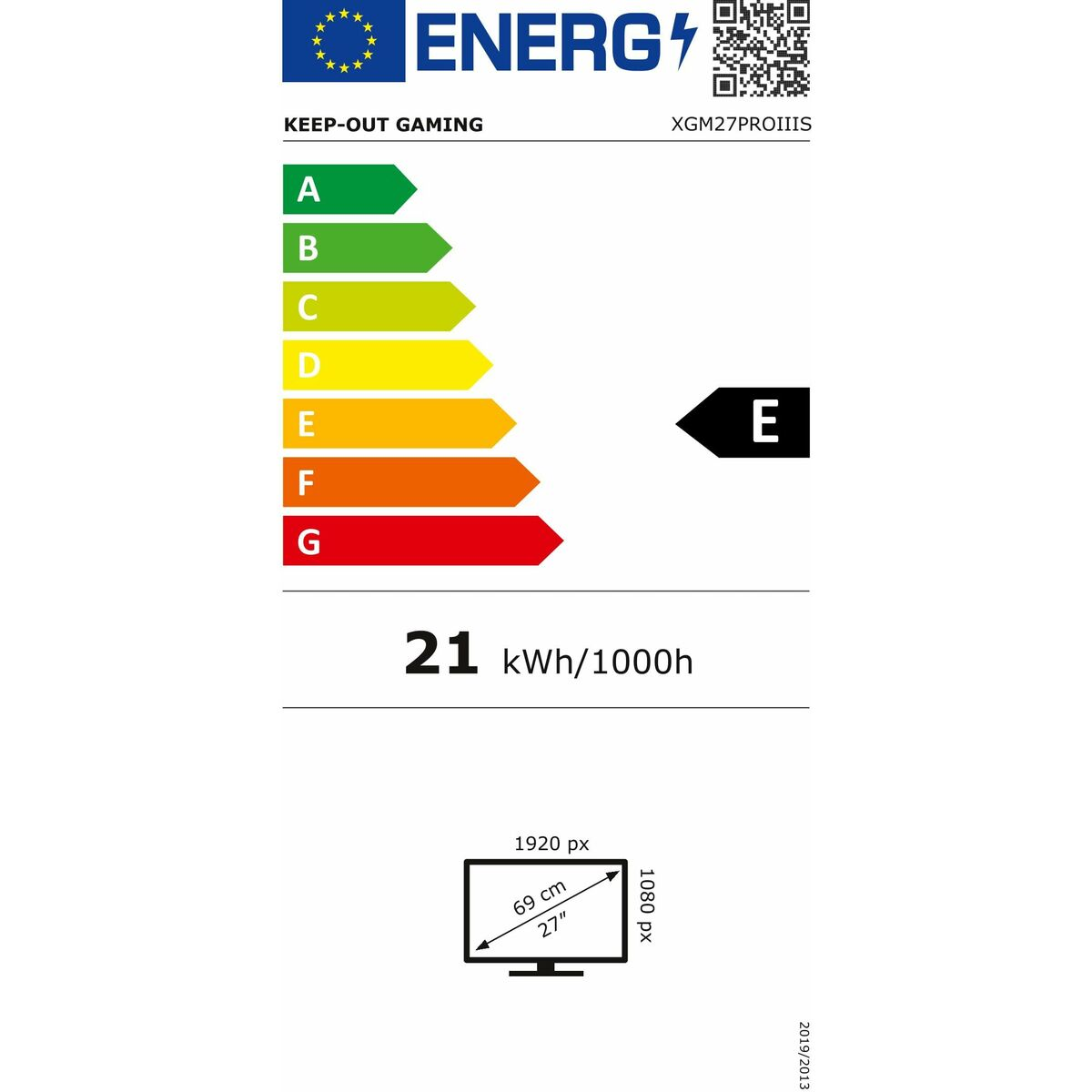 Etiqueta energética para un monitor. Muestra la clase de eficiencia energética E. Incluye dimensiones y consumo de energía en kWh/1000h.