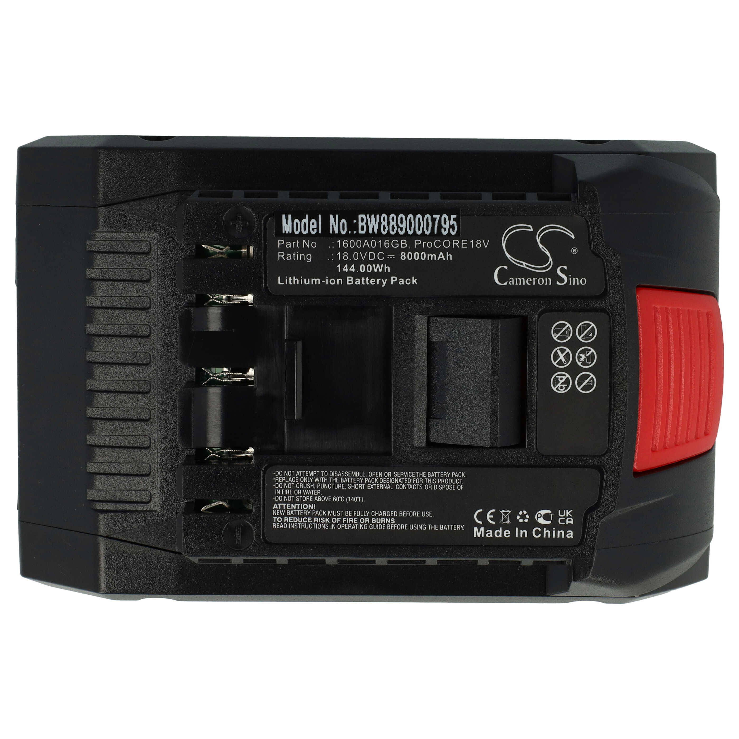 Schwarzer Lithium-Ionen-Akkupack mit roten Akzenten, Modell BW889000795, Marke Cameron Sino, mit Warnhinweisen und technischen Details.