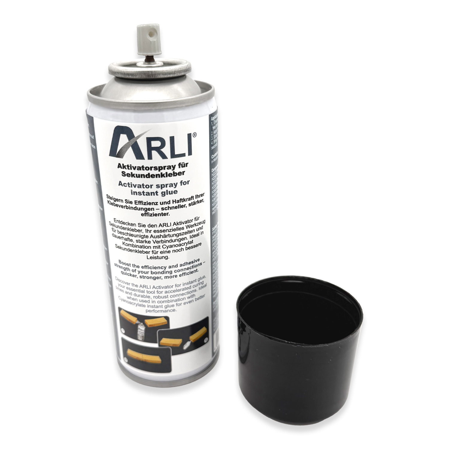 Eine Sprühdose ARLI Aktivator für Sofortkleber mit einer schwarzen Kappe daneben.