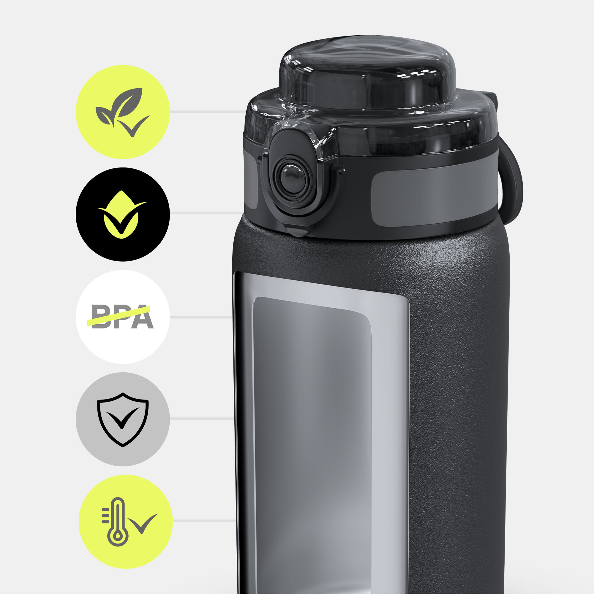 Eine schwarze Wasserflasche mit Querschnitt, mit Symbolen für Umweltfreundlichkeit, BPA-frei und andere Sicherheitsmerkmale.