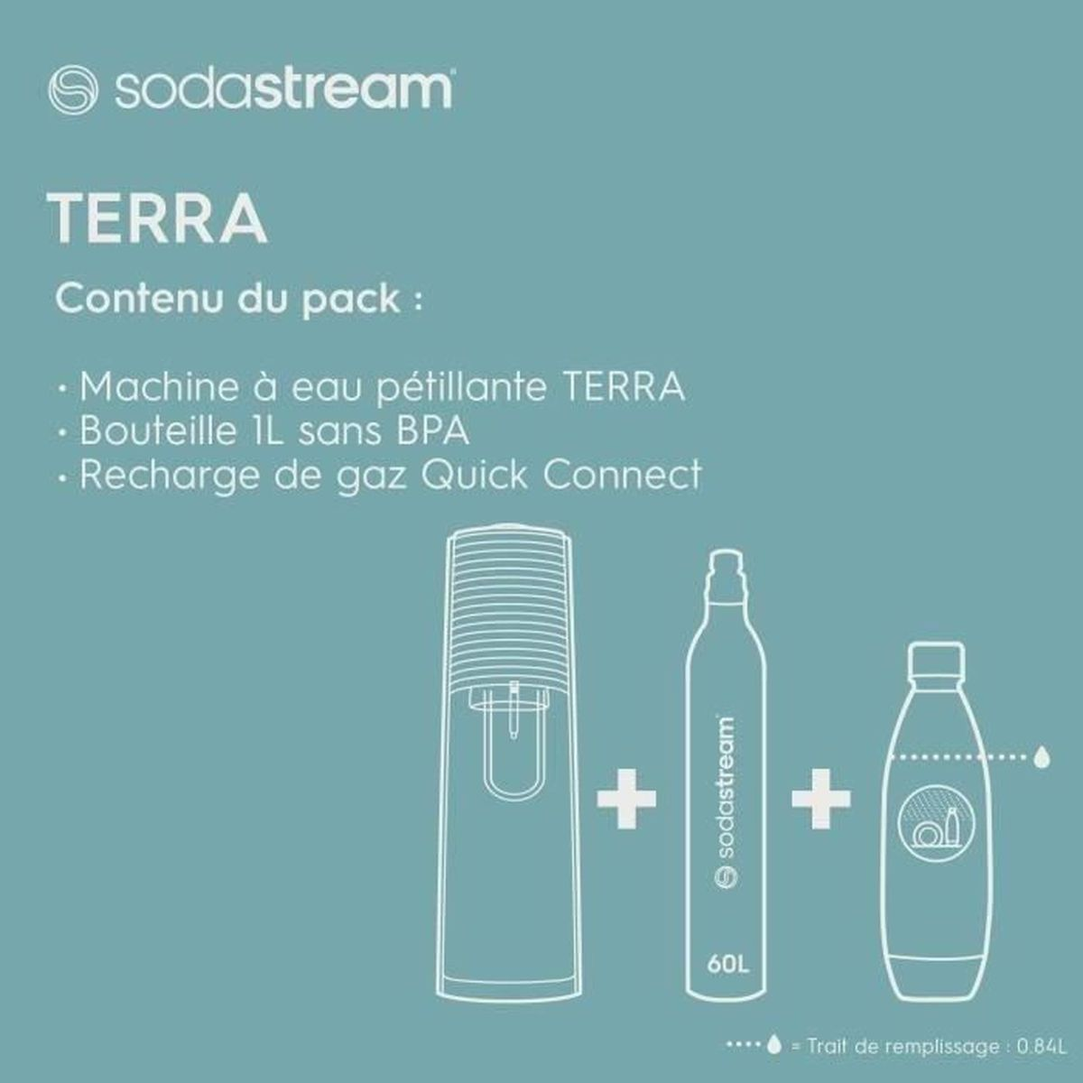 Das Bild zeigt den SodaStream TERRA Packungsinhalt: Sprudelmaschine, 1L Flasche und Quick Connect Gasnachfüllung, plus Zeichen und Fülllinie.