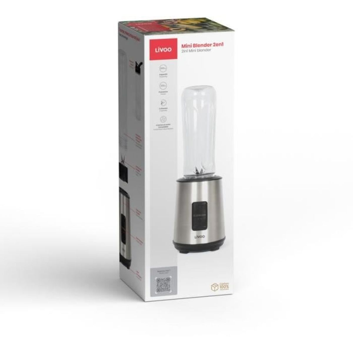 Ein Livoo Mini-Mixer 2-in-1 wird in seiner Box gezeigt. Die Box ist weiß mit Produktdetails. Der Mixer ist silber und klar.